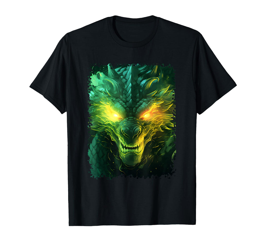 Dragon Face Fire Eyes Green Smoke Art T-Shirt - Aesthetic Graphic Unisex - T-Shirt, Sweatshirt, Hoodie