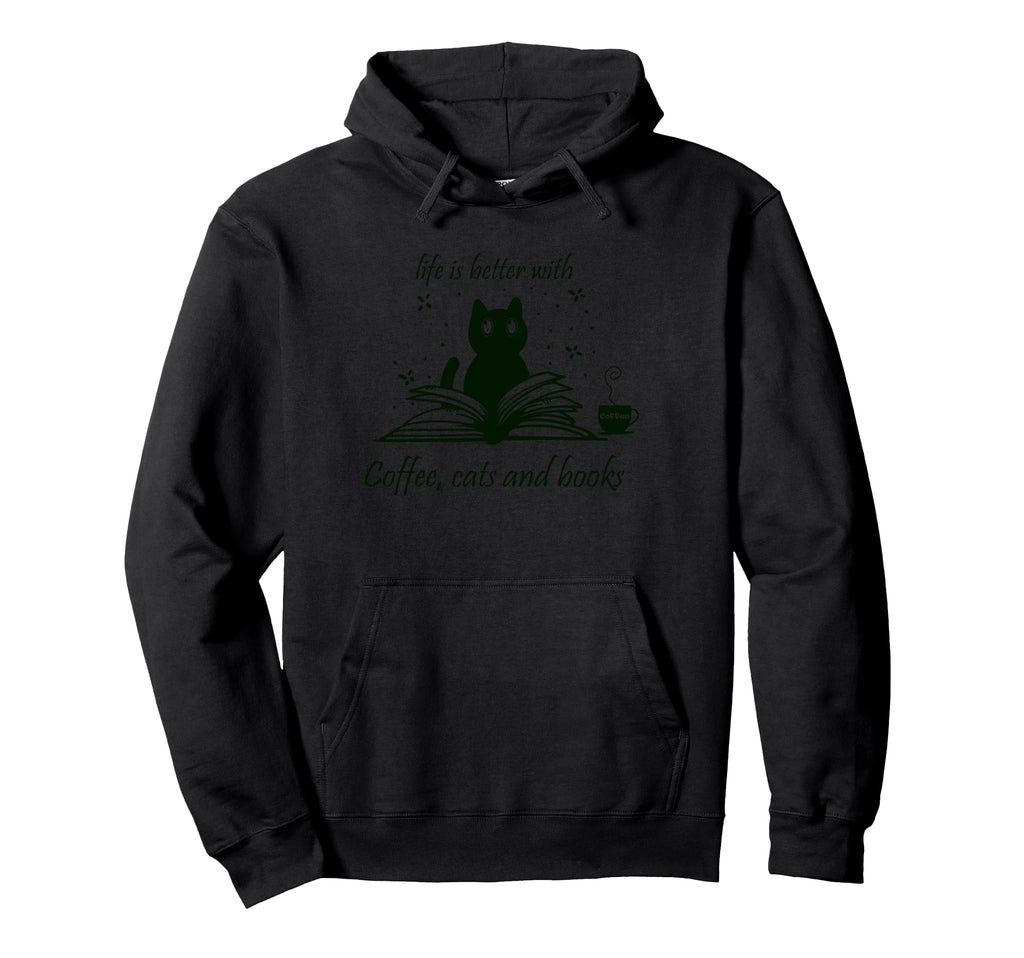 Life Book Reading Cats And Coffee Ironic Hoodie - Novelty Apparel Unisex - T-Shirt, Sweatshirt, Hoodie