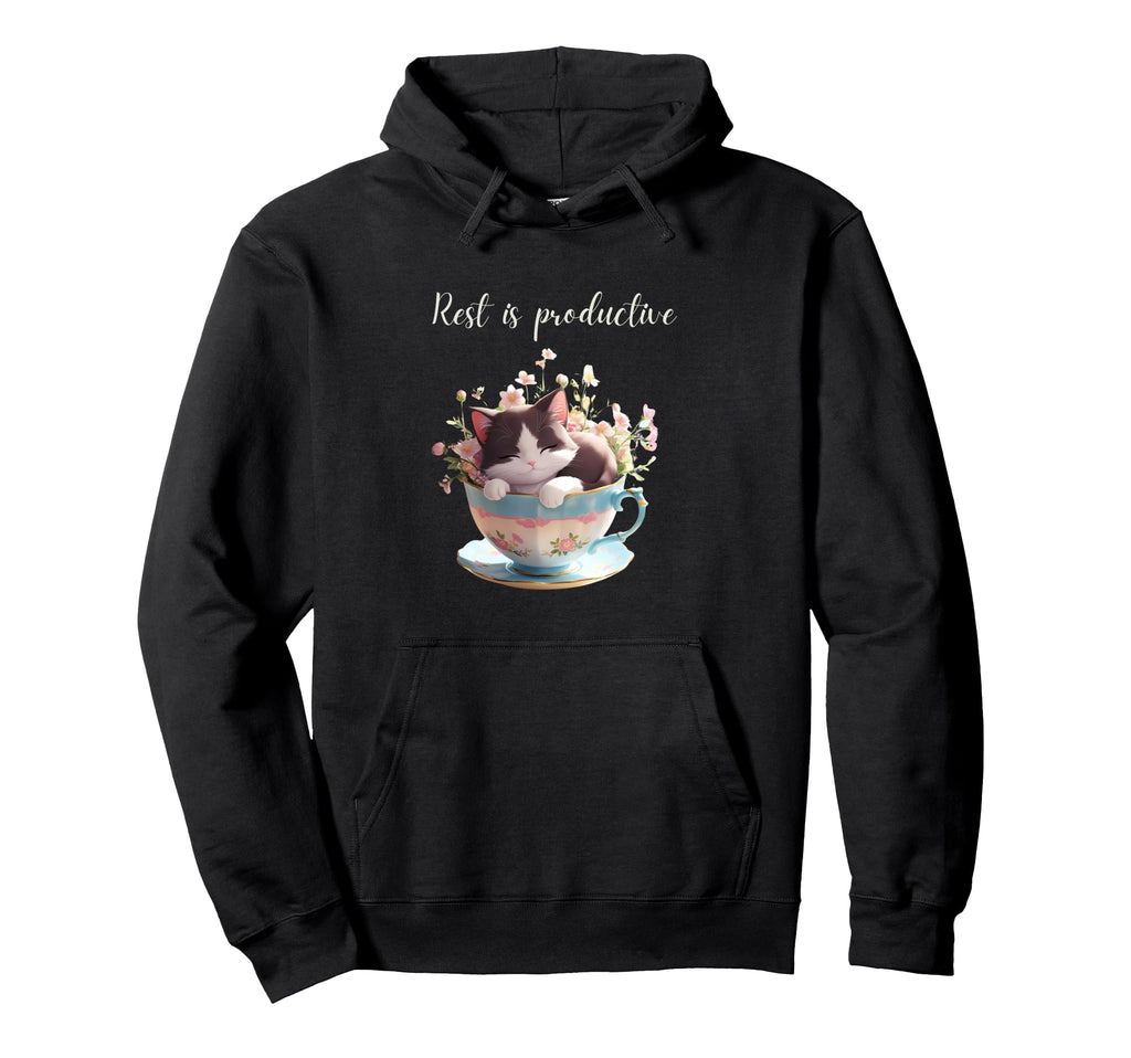 Cat Lovers Rest Is Productive Tea Hoodie - Aesthetic Graphic for Adults - T-Shirt, Sweatshirt, Hoodie