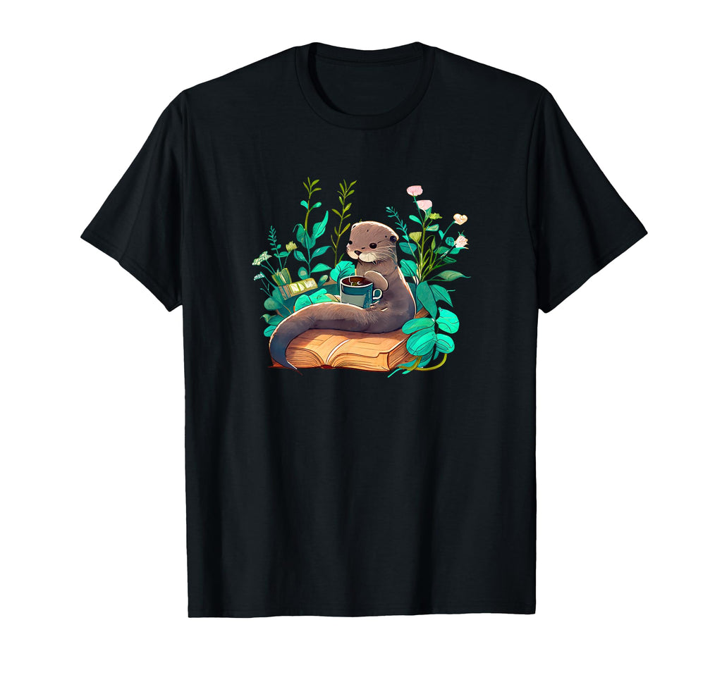 Otters Reading Nook Books Coffee T-Shirt - Fun Novelty Design for Adults - T-Shirt, Sweatshirt, Hoodie