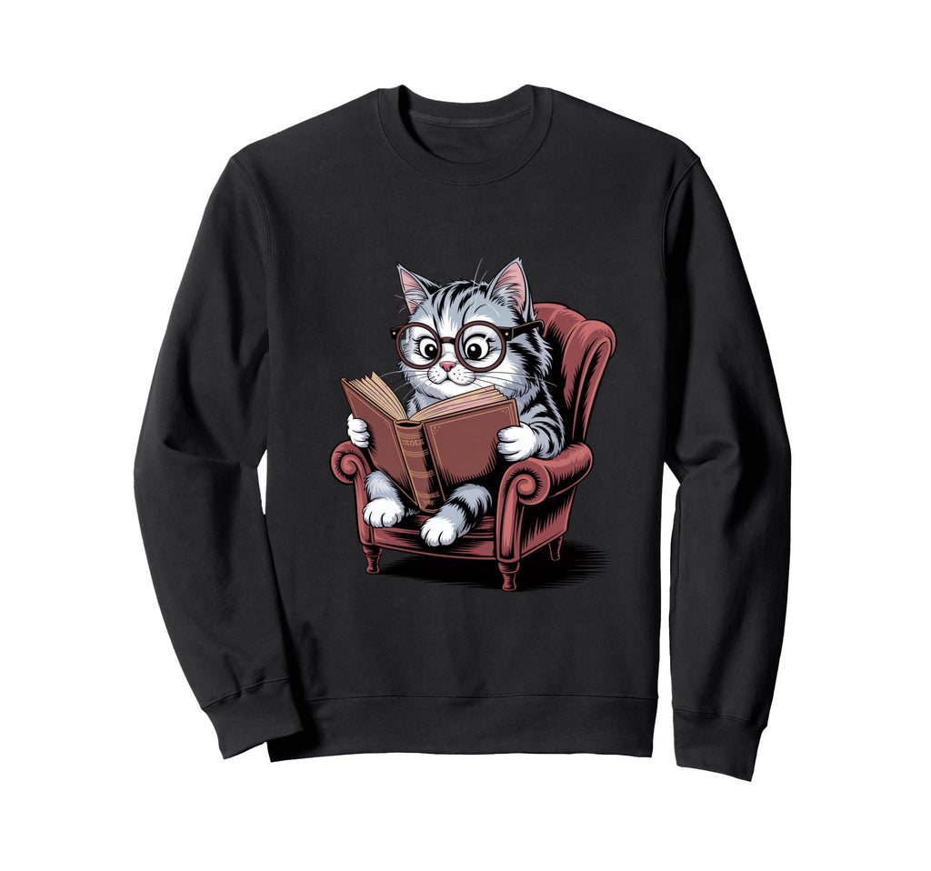 Cat Reading Book Nerd Kitty Bookworm Sweatshirt - Trendy Graphic for Adults - T-Shirt, Sweatshirt, Hoodie