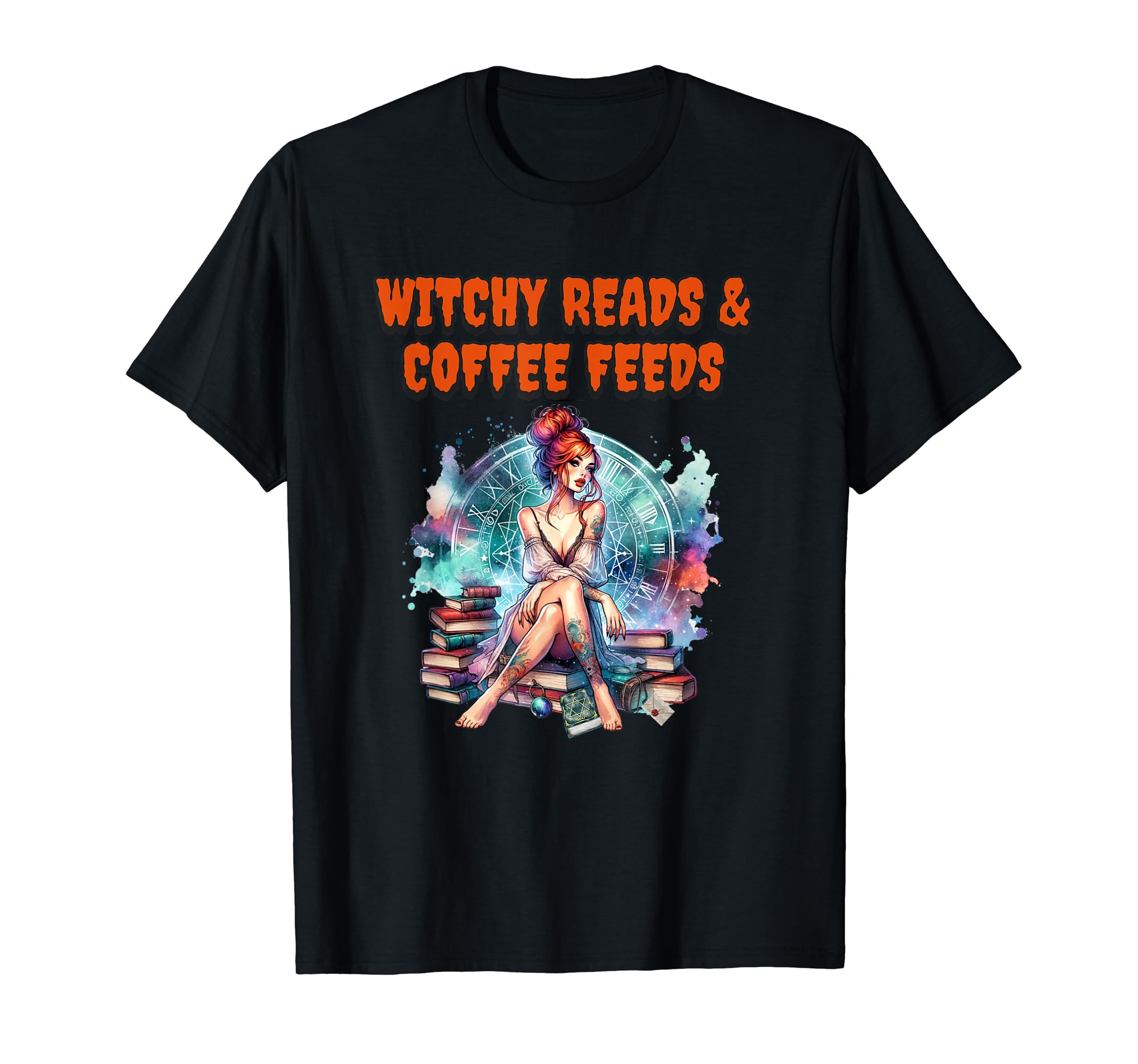 Halloween Witch Book Lover Coffee Lover T-Shirt - Graphic Print Unisex - T-Shirt, Sweatshirt, Hoodie