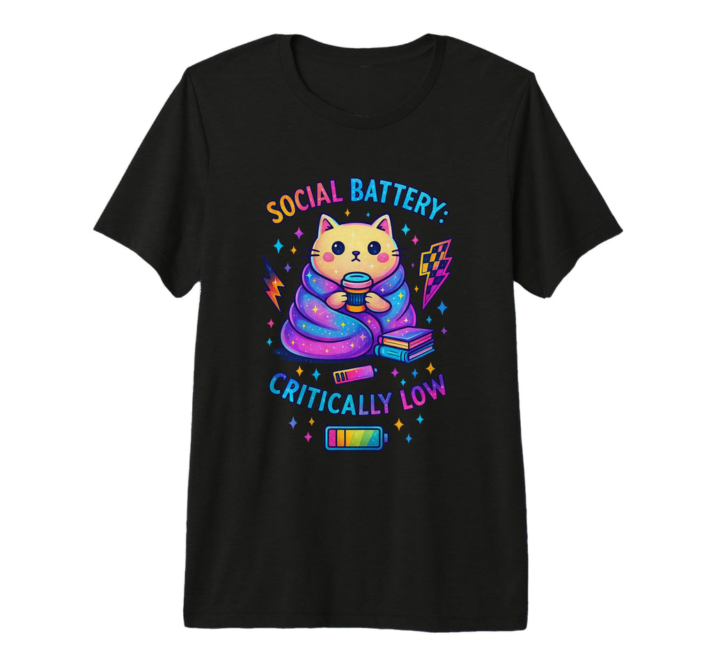 Social Battery Critically Low Cat Art T-Shirt - Minimalist Print Men Women - T-Shirt, Sweatshirt, Hoodie