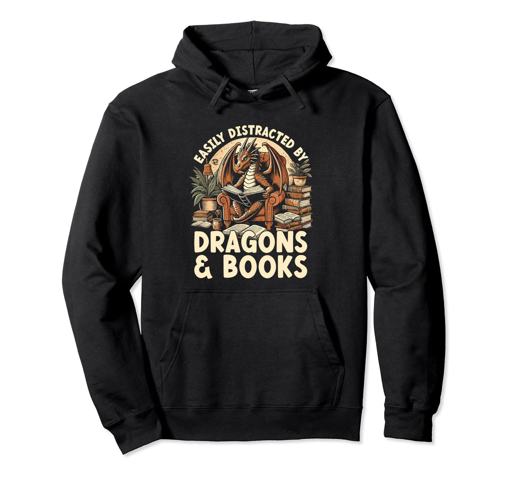 Easily Distracted Dragons And Books Hoodie - Aesthetic Graphic Unisex - T-Shirt, Sweatshirt, Hoodie