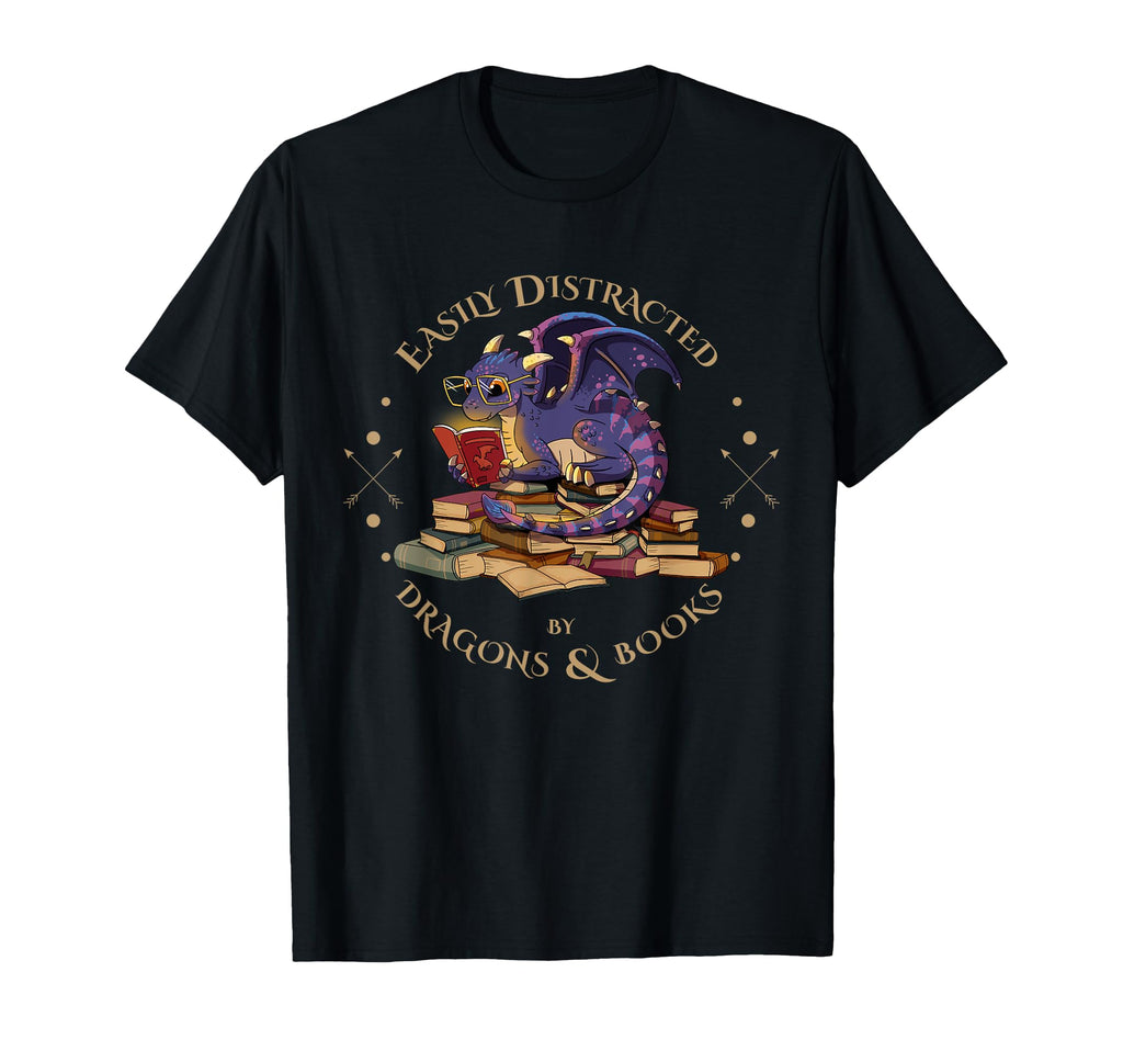 Easily Distracted Dragons And Books Gift T-Shirt - Custom Art Print Unisex - T-Shirt, Sweatshirt, Hoodie