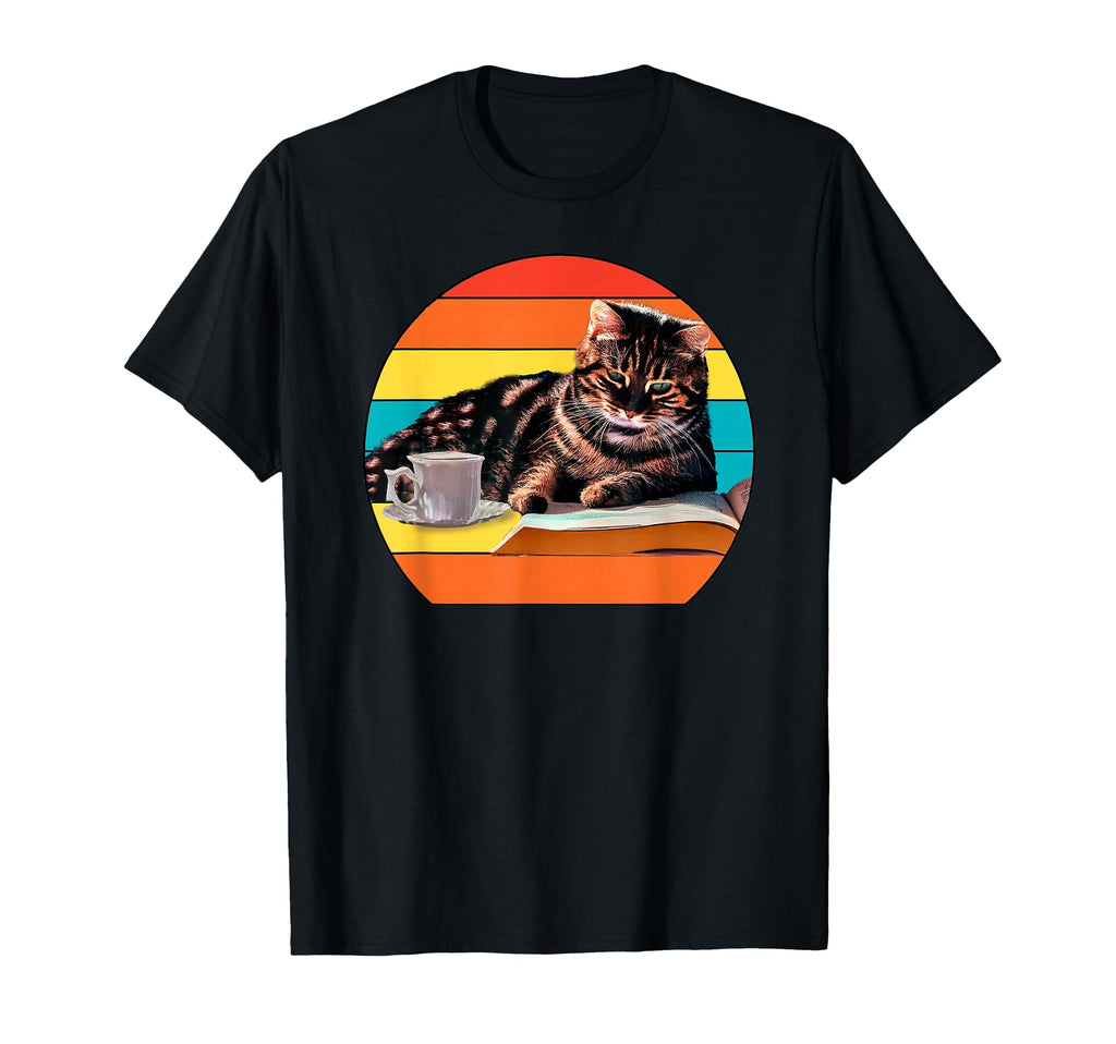 Cat Reading Book Coffee T-Shirt - Custom Art Print Unisex - T-Shirt, Sweatshirt, Hoodie