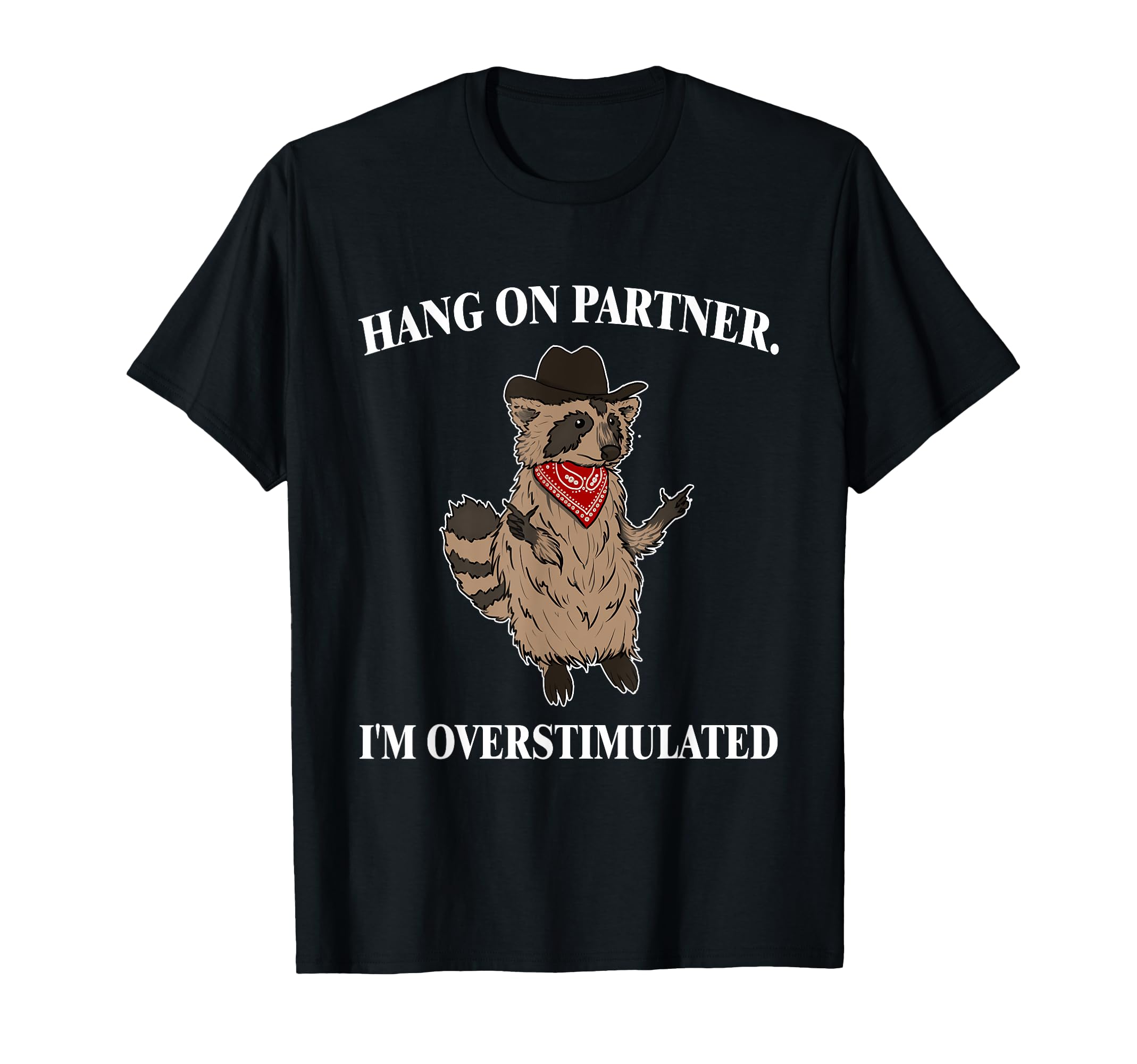 Hold Partner Im Overstimulated Raccoon Howdy T-Shirt - Graphic Print Unisex - T-Shirt, Sweatshirt, Hoodie