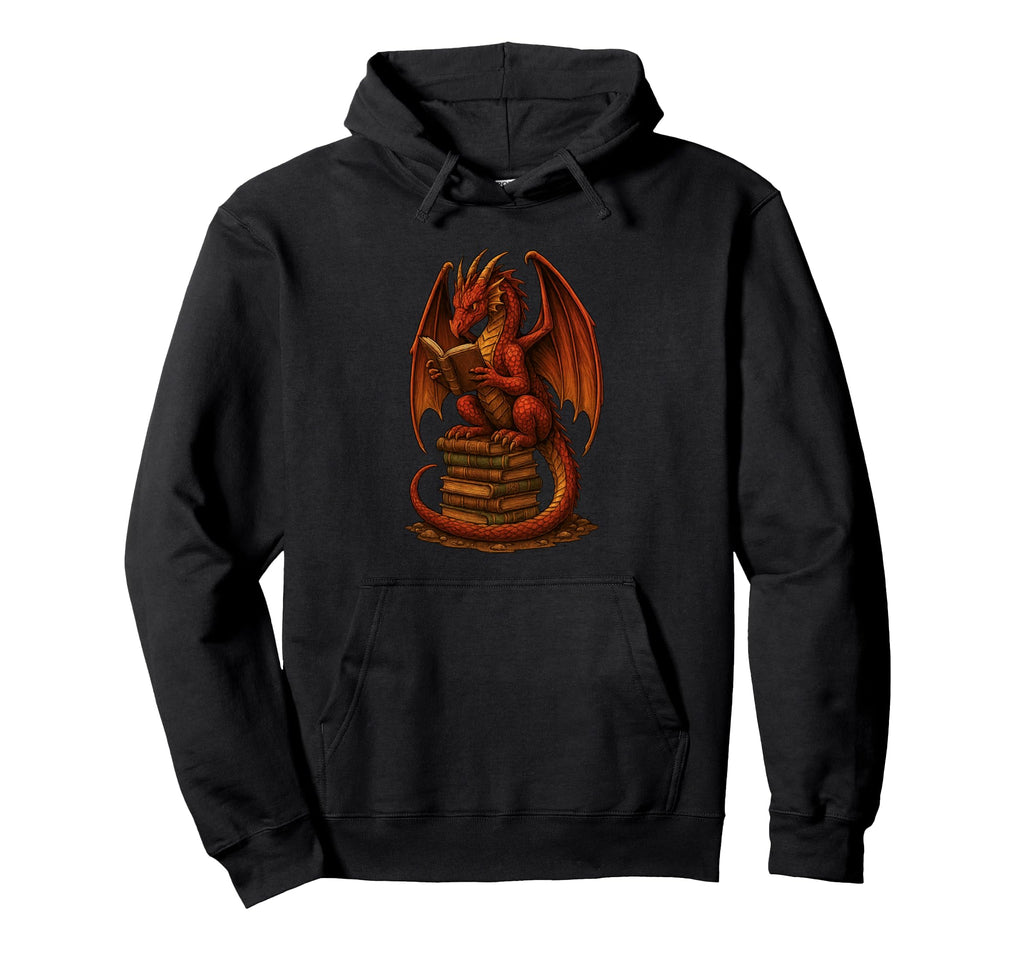 Red Color Dragon Reading Sitting Books Hoodie - Custom Art Print Men Women - T-Shirt, Sweatshirt, Hoodie