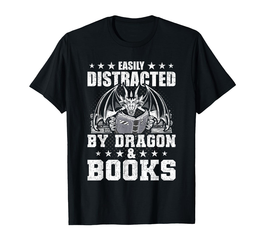 Easily Distracted Dragon And Books Book T-Shirt - Custom Art Print Unisex - T-Shirt, Sweatshirt, Hoodie