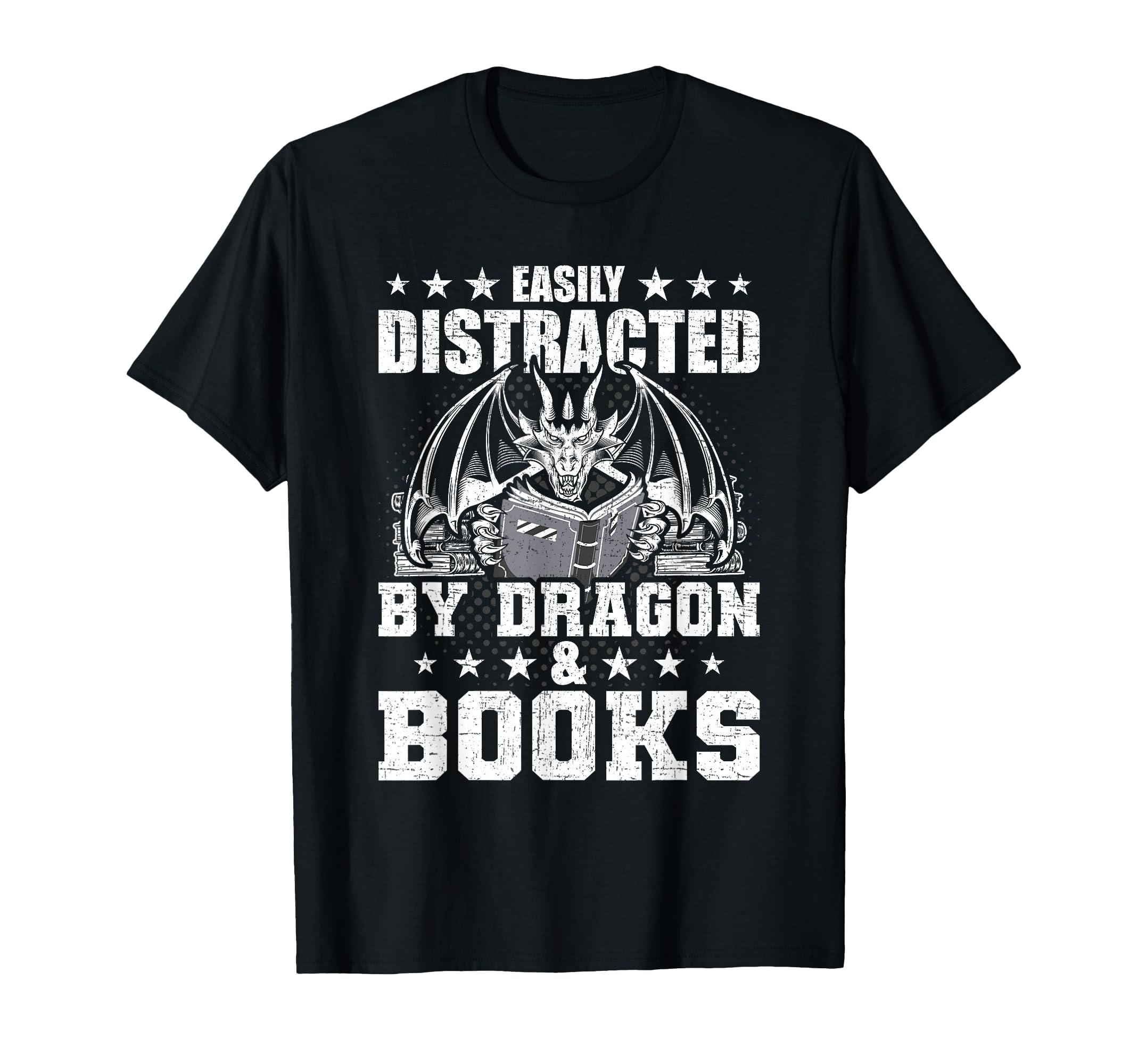Easily Distracted Dragon And Books Book T-Shirt - Custom Art Print Unisex - T-Shirt, Sweatshirt, Hoodie