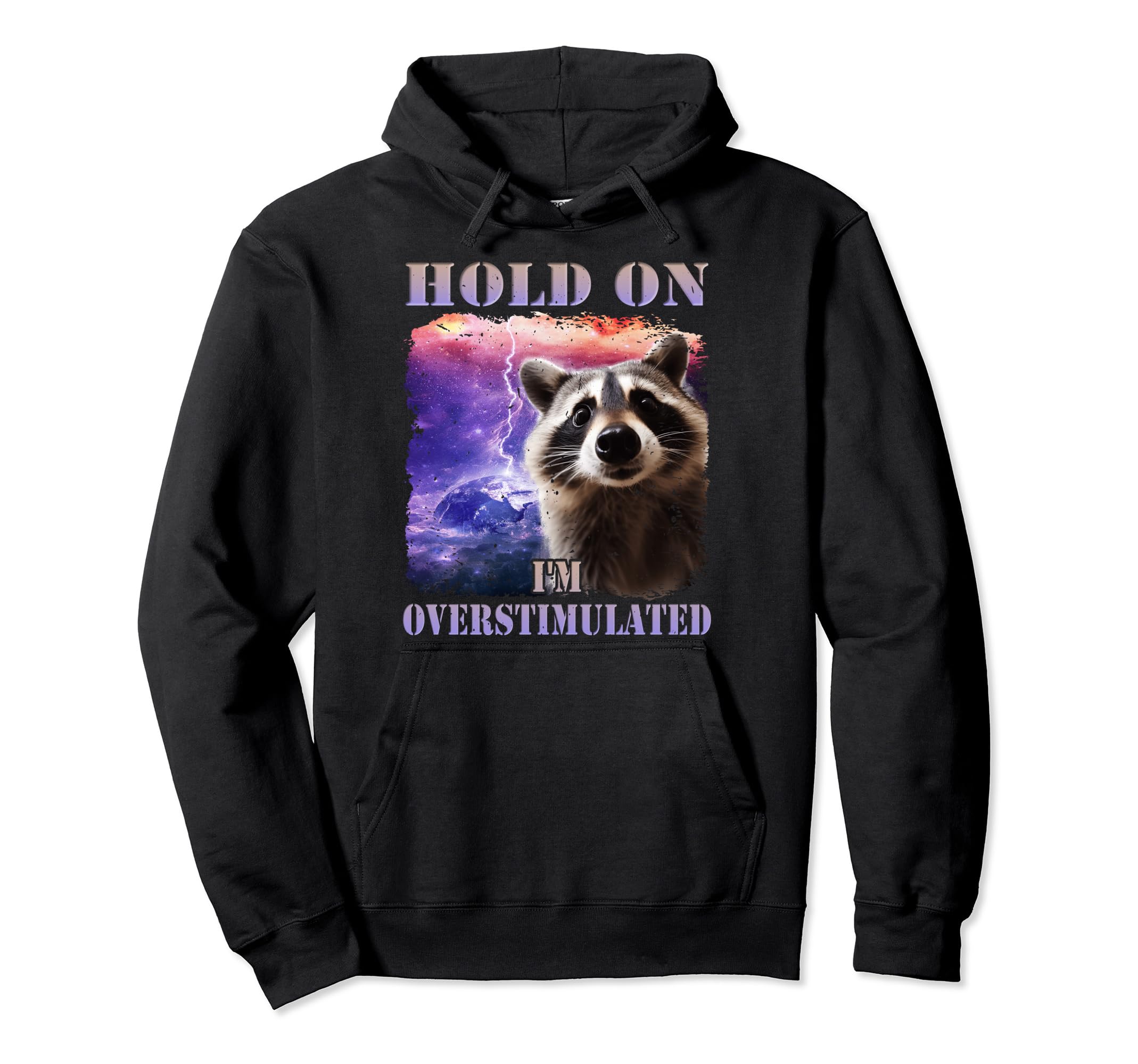 Hold Im Overstimulated Funny Raccoon Hoodie - Aesthetic Graphic for Adults - T-Shirt, Sweatshirt, Hoodie
