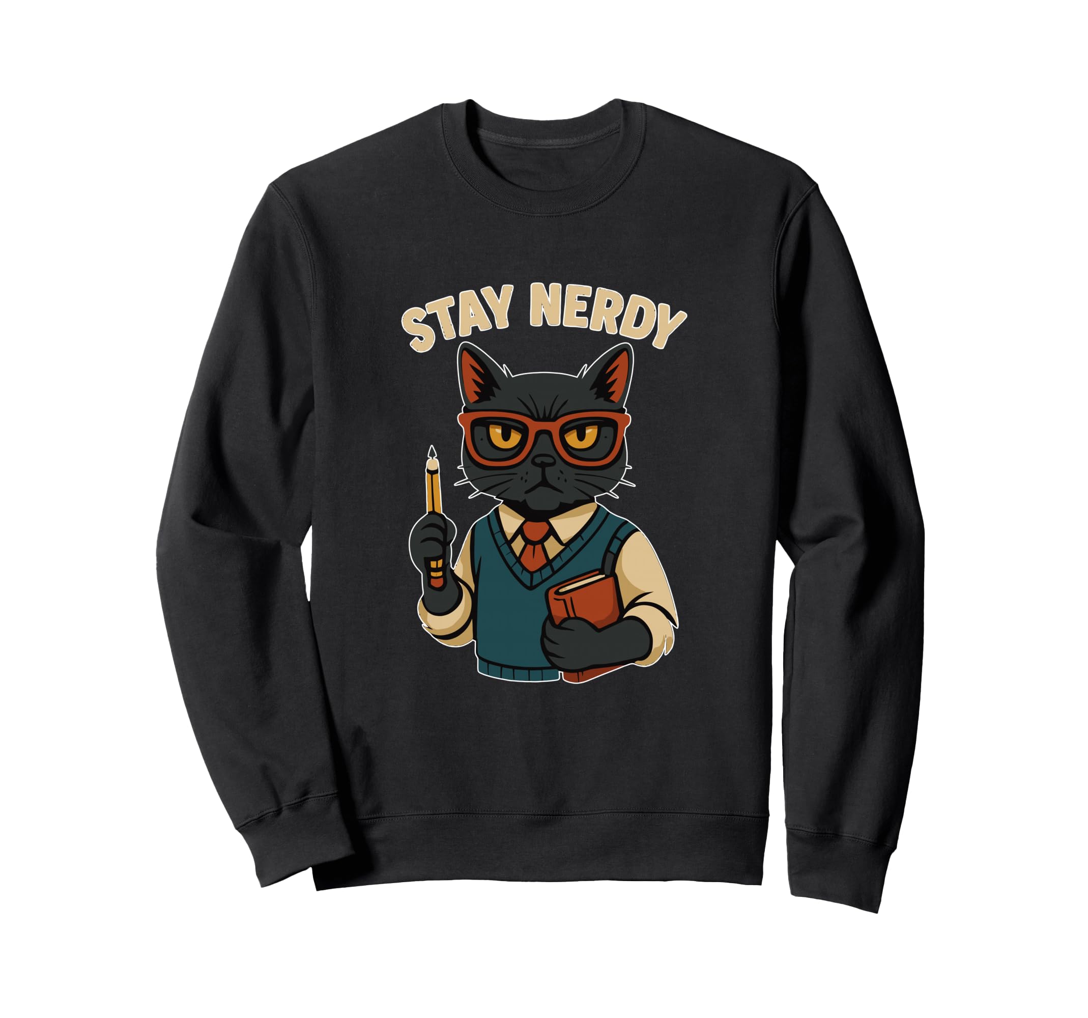 Funny Nerdy Cat Pencil Book Geek Sweatshirt - Novelty Apparel Unisex - T-Shirt, Sweatshirt, Hoodie