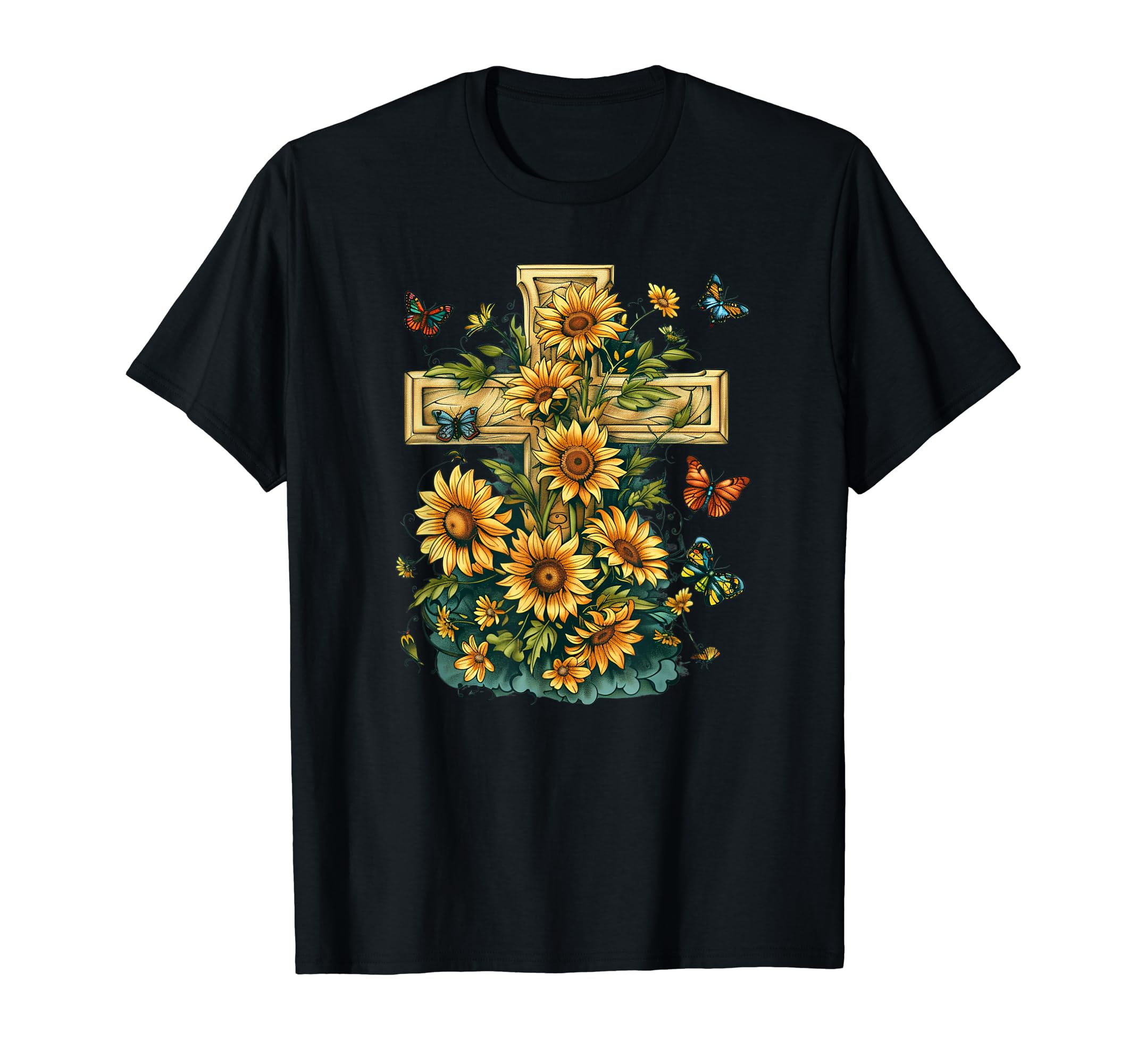 Cross Sunflowers Butterflies T-Shirt - Aesthetic Graphic Men Women - T-Shirt, Sweatshirt, Hoodie