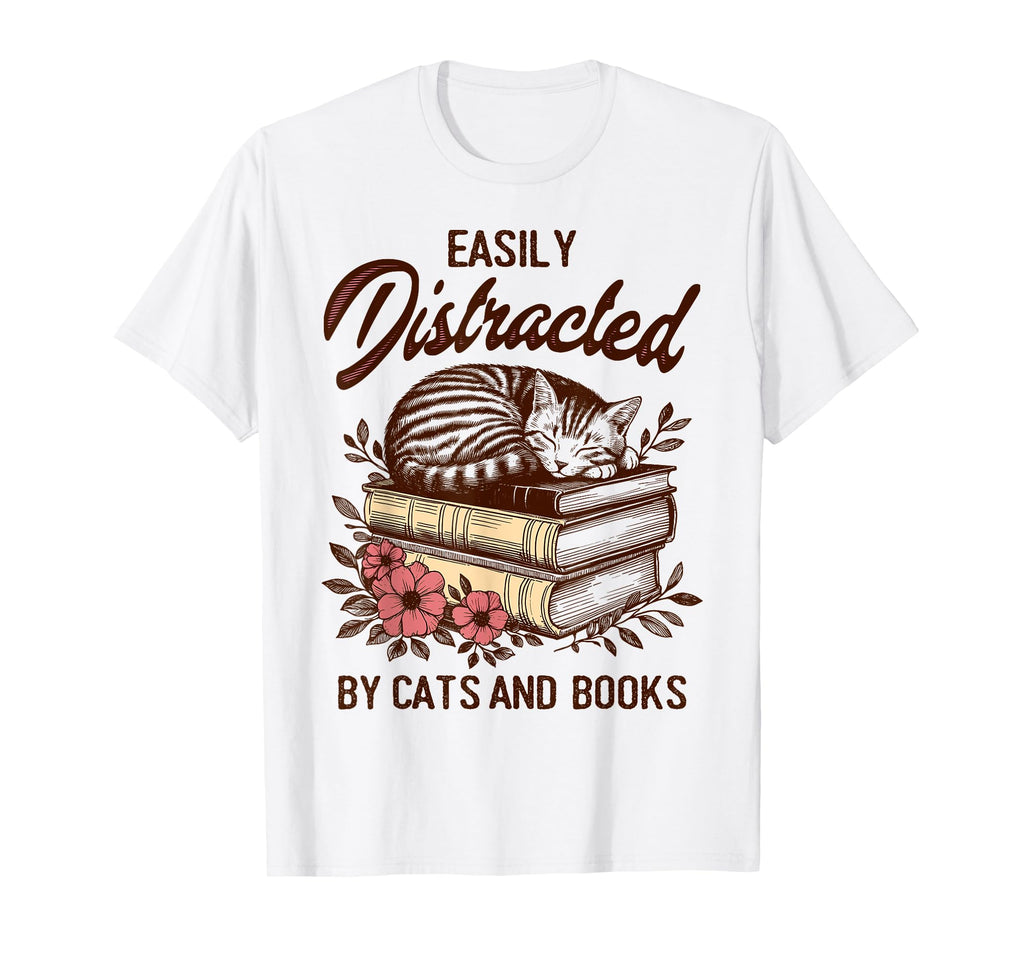 Cat Book Lover Reading Easily Distracted T-Shirt - Minimalist Print Unisex - T-Shirt, Sweatshirt, Hoodie
