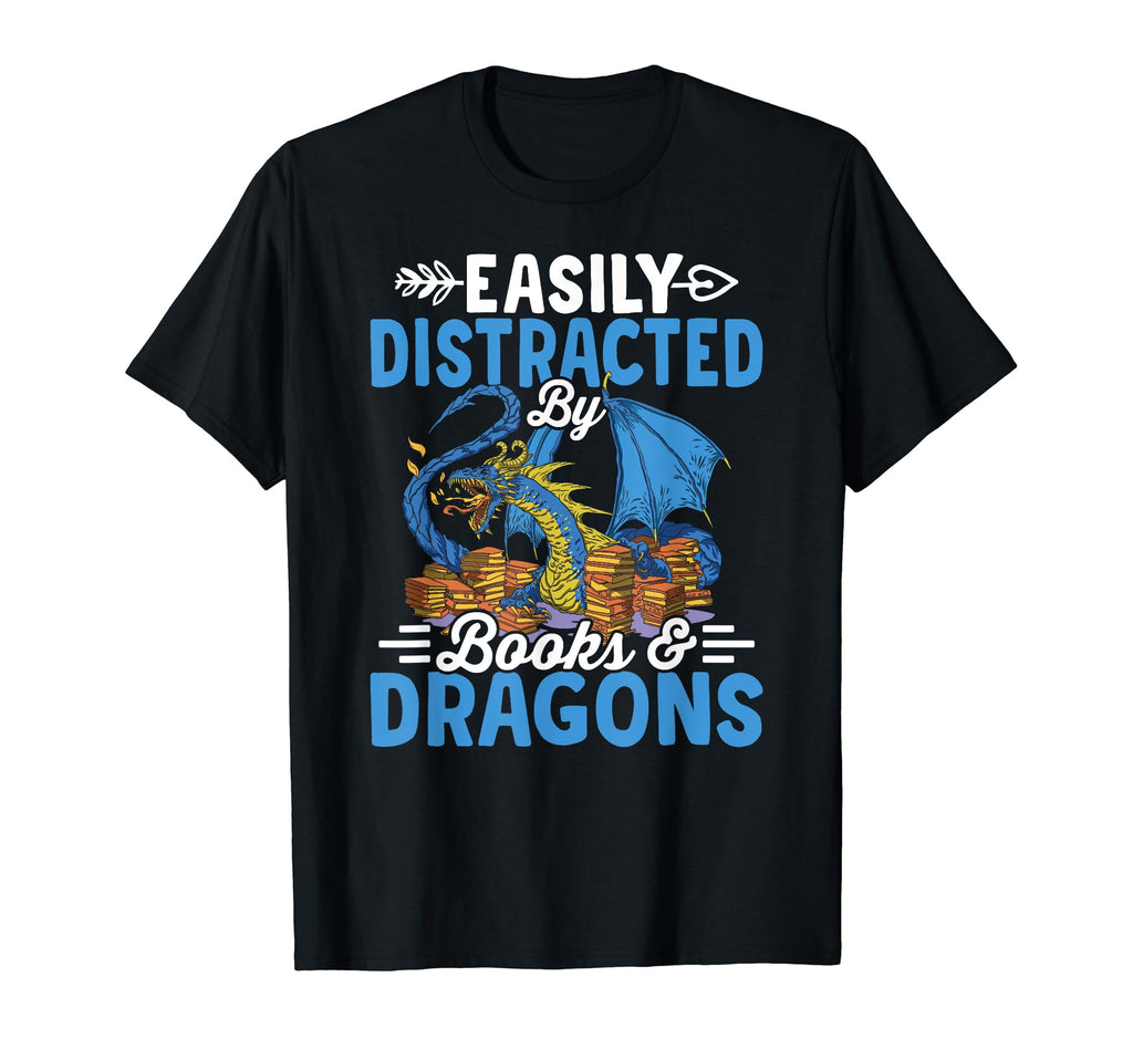 Easily Distracted Books And Dragons T-Shirt - Novelty Apparel for Adults - T-Shirt, Sweatshirt, Hoodie