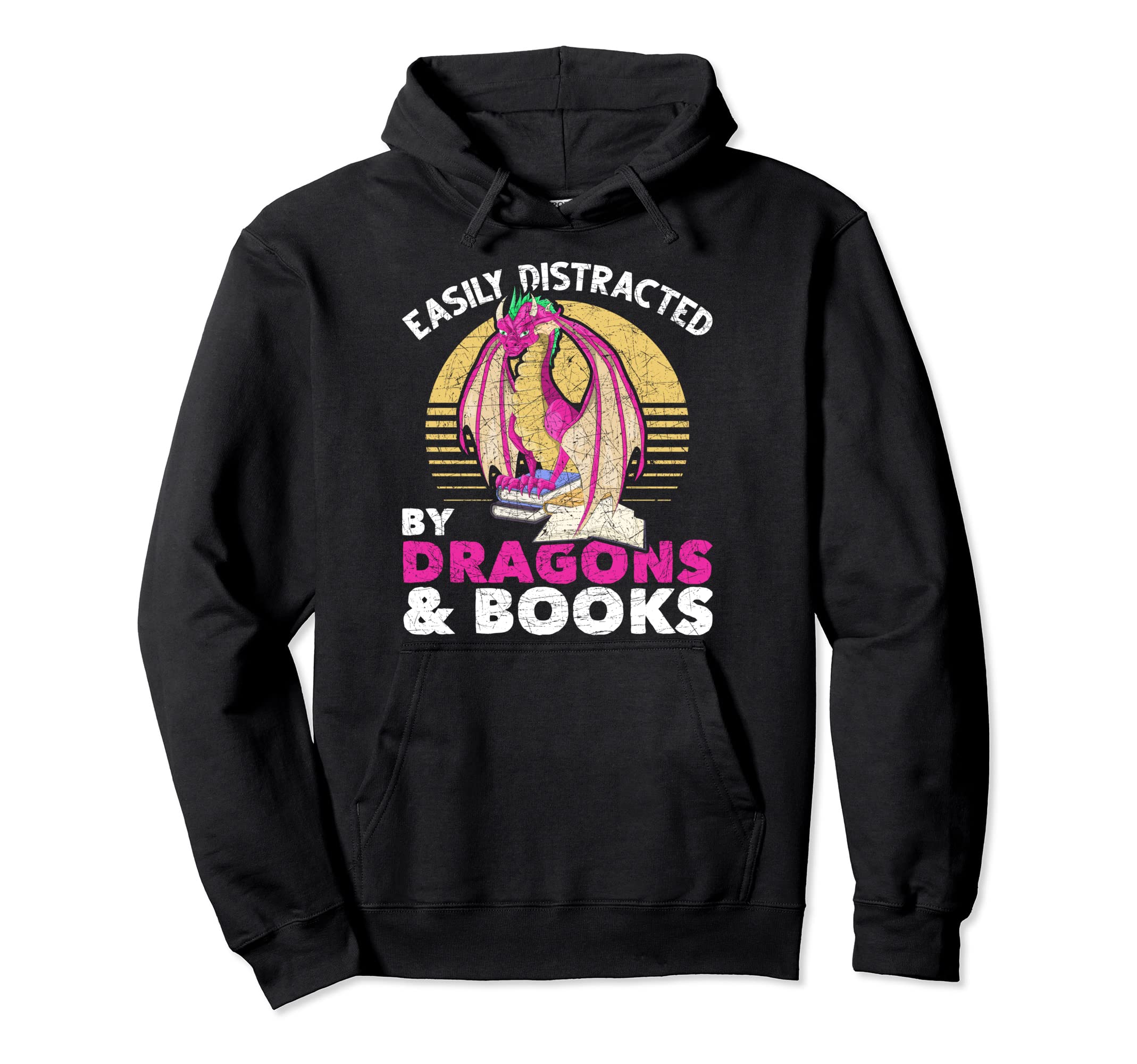 Easily Distracted Dragons And Books Funny Hoodie - Unique Graphic Unisex - T-Shirt, Sweatshirt, Hoodie