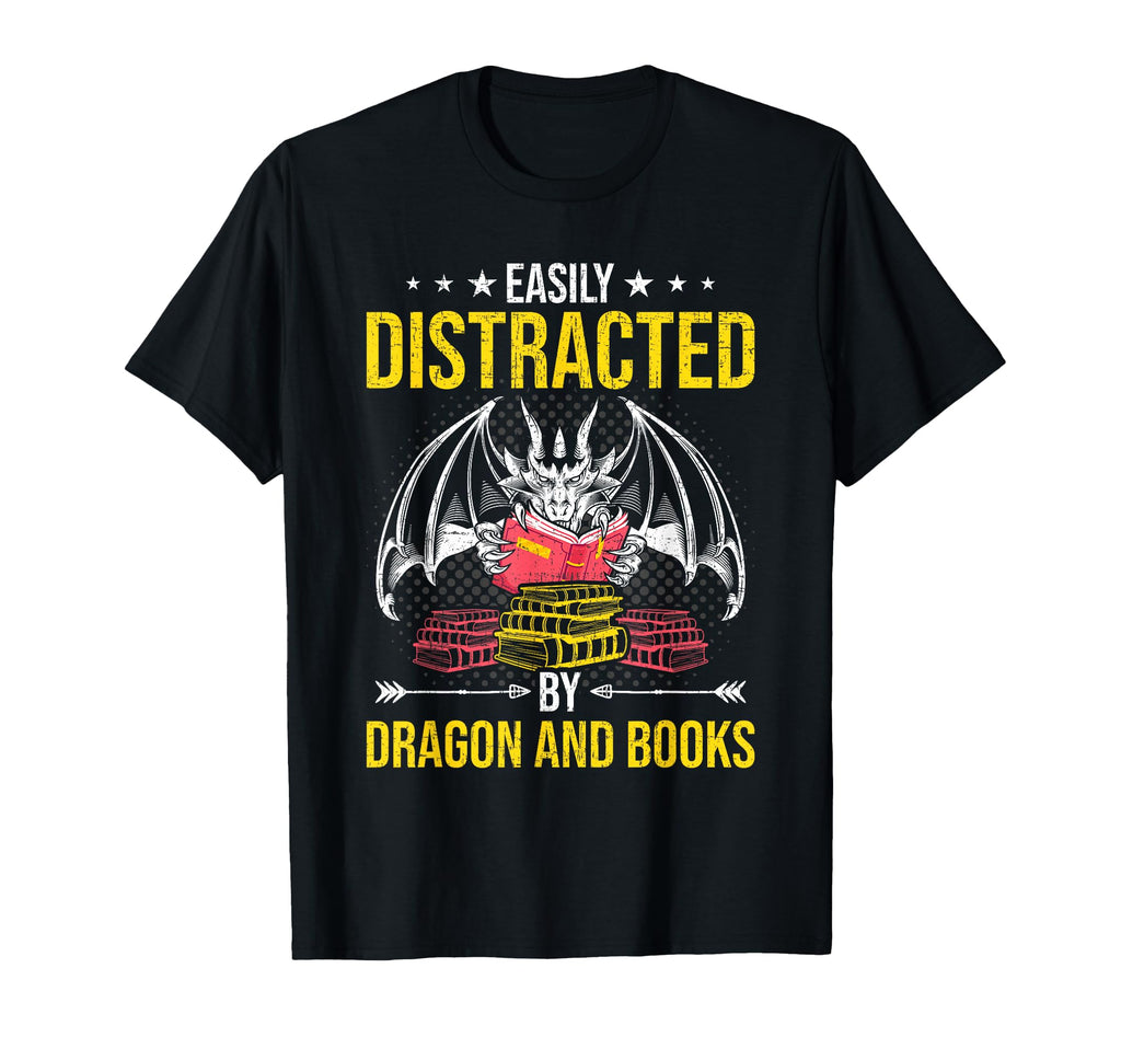 Easily Distracted Dragon And Books T-Shirt - Fun Novelty Design Men Women - T-Shirt, Sweatshirt, Hoodie