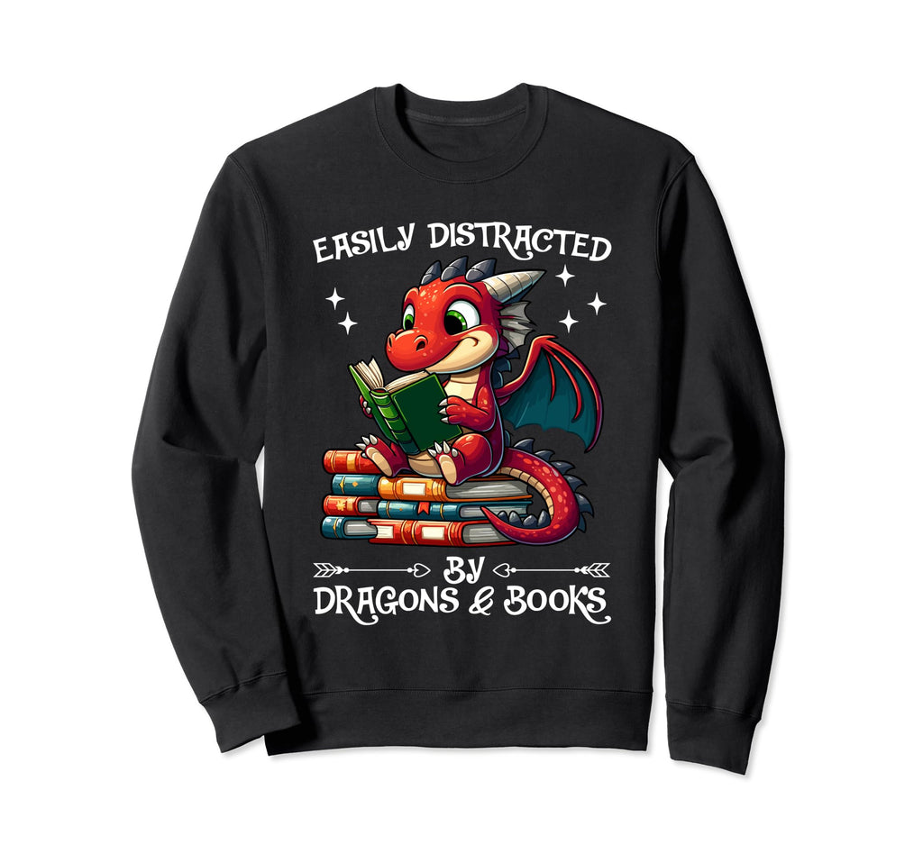Easily Distracted Dragon And Books Sweatshirt - Custom Art Print Men Women - T-Shirt, Sweatshirt, Hoodie