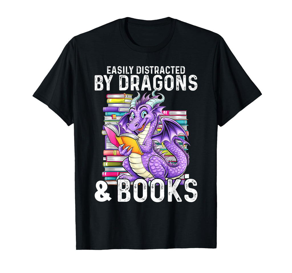 Easily Distracted Dragon And Books T-Shirt - Novelty Apparel for Adults - T-Shirt, Sweatshirt, Hoodie