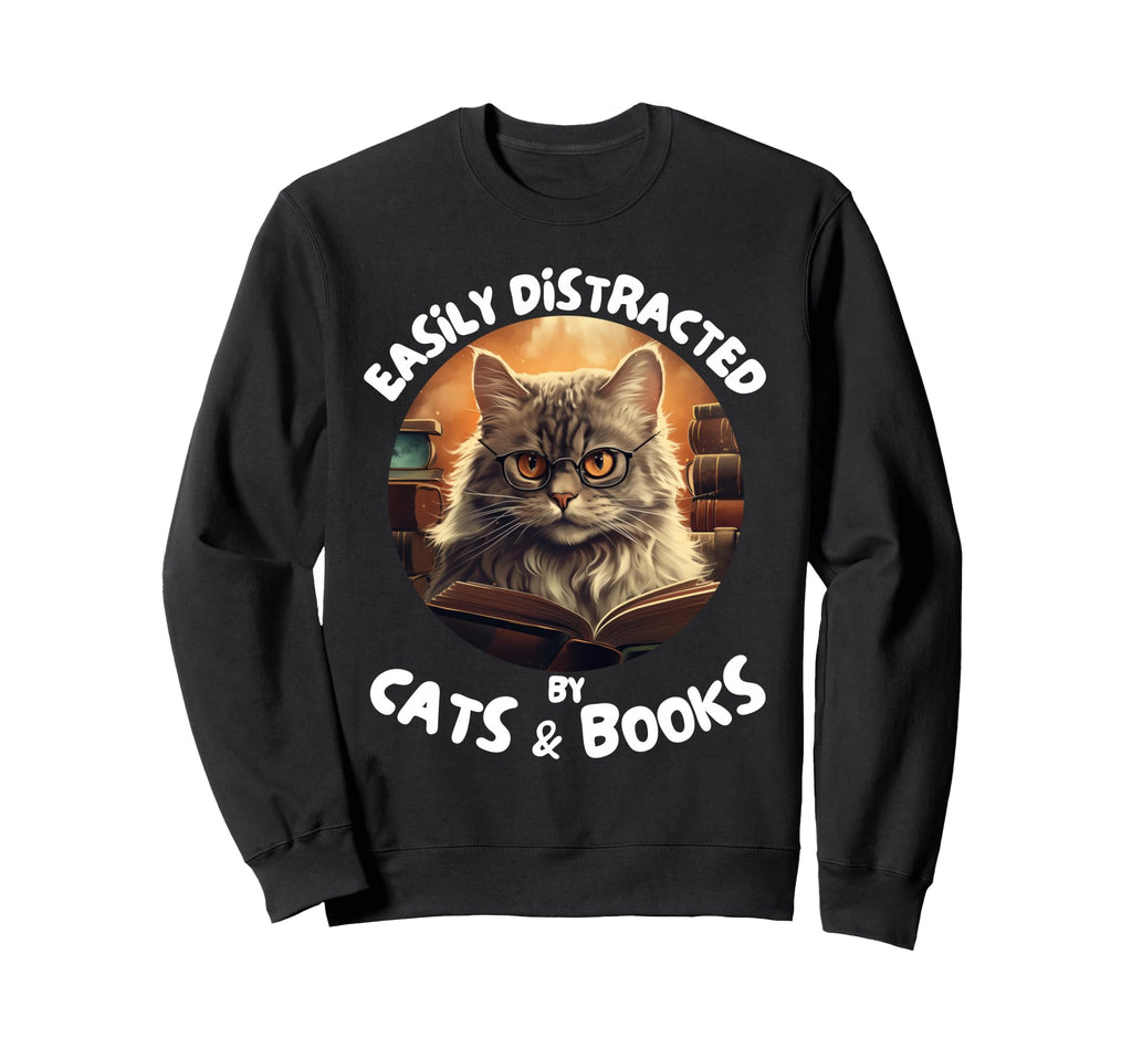 Easily Distracted Cats And Books Sweatshirt - Custom Art Print for Adults - T-Shirt, Sweatshirt, Hoodie