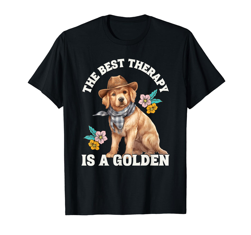 Best Therapy Is Golden Retriever Cowboy Dog T-Shirt - Graphic Print Unisex - T-Shirt, Sweatshirt, Hoodie