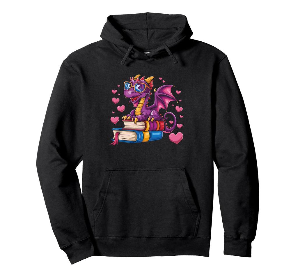 Dragon Reading Hearts Books Dragon Hoodie - Fun Novelty Design for Adults - T-Shirt, Sweatshirt, Hoodie