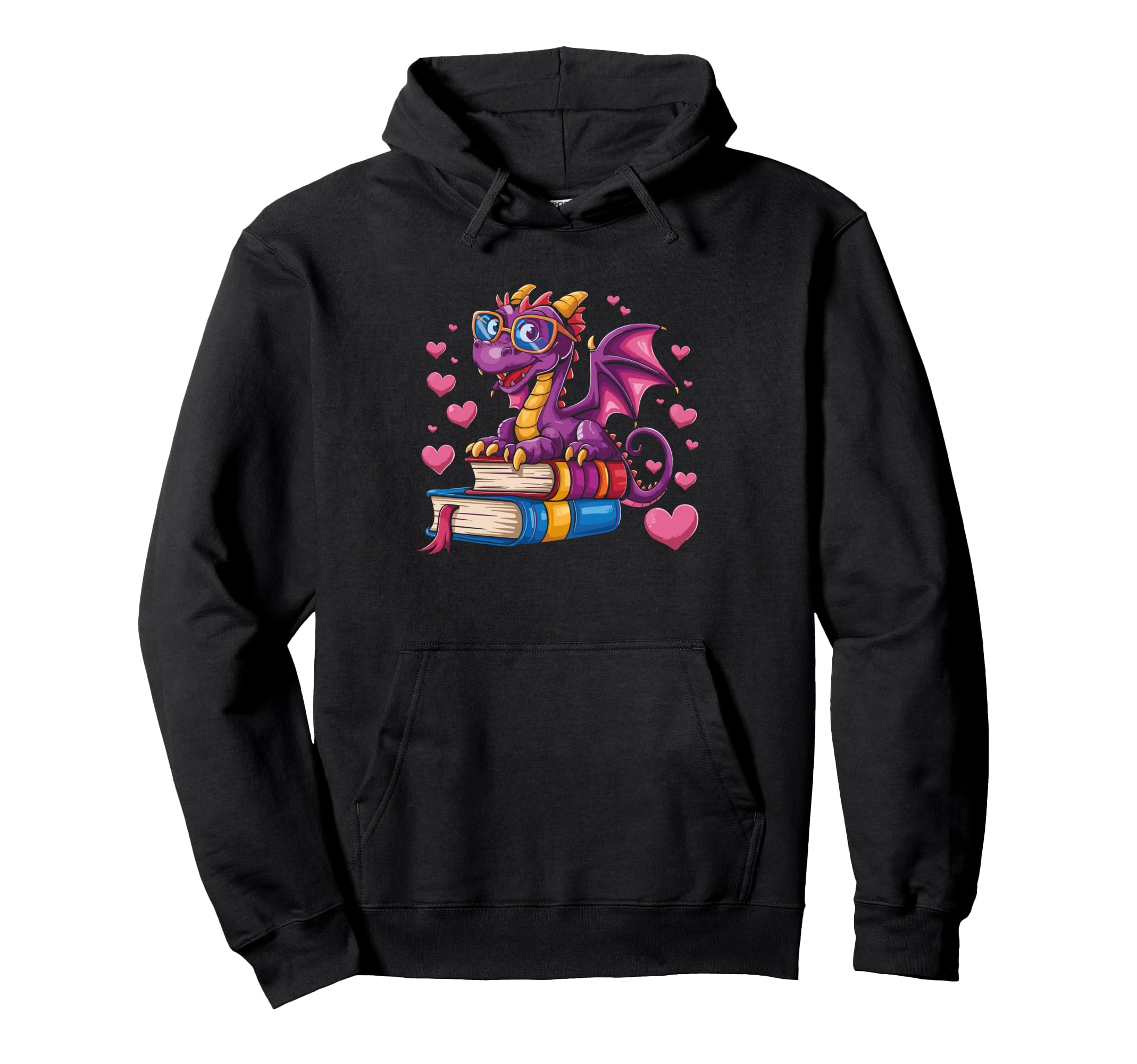 Dragon Reading Hearts Books Dragon Hoodie - Fun Novelty Design for Adults - T-Shirt, Sweatshirt, Hoodie