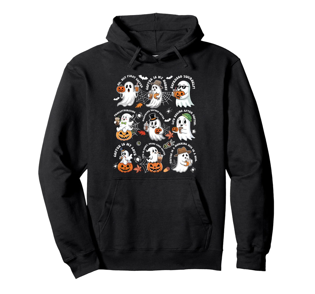 Ghost Drinking Coffee Funny Halloween Hoodie - Graphic Print Unisex - T-Shirt, Sweatshirt, Hoodie