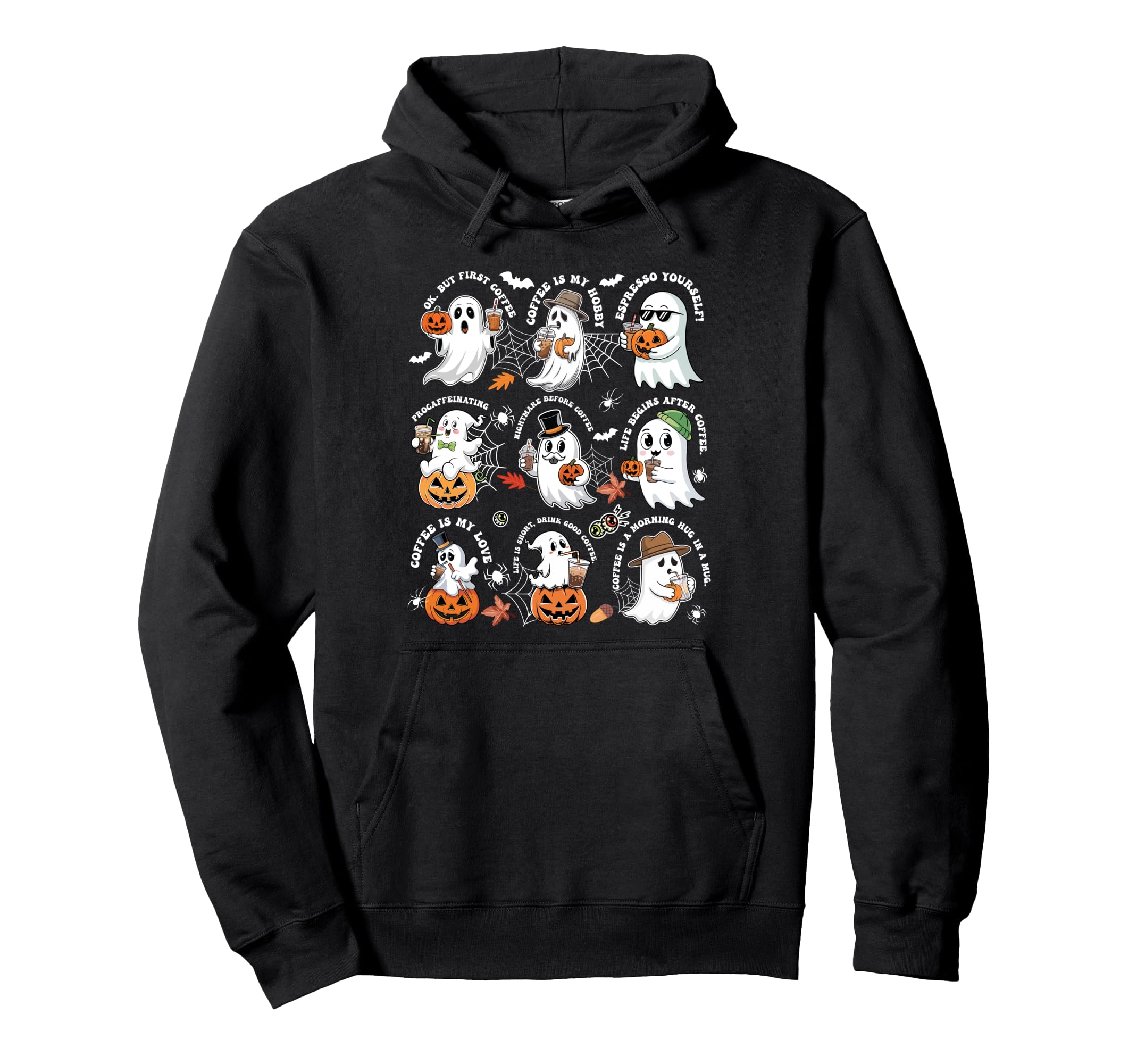 Ghost Drinking Coffee Funny Halloween Hoodie - Graphic Print Unisex - T-Shirt, Sweatshirt, Hoodie