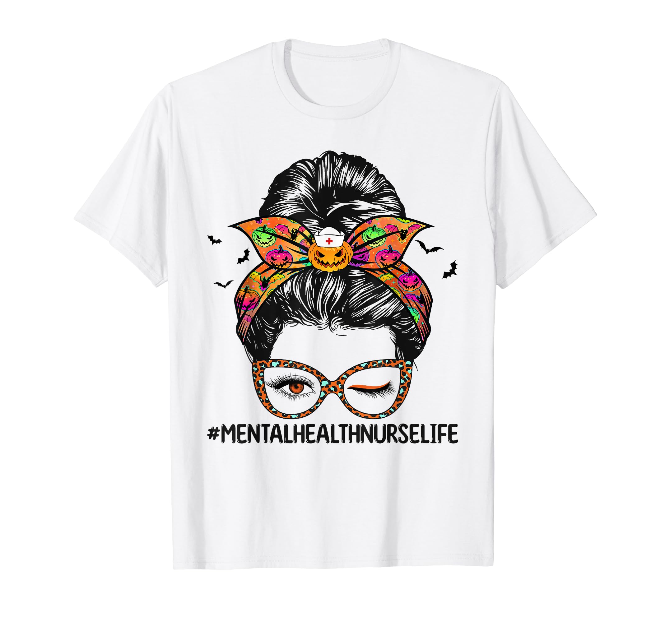 Leopard Messy Bun Nurse Halloween T-Shirt - Aesthetic Graphic Men Women - T-Shirt, Sweatshirt, Hoodie
