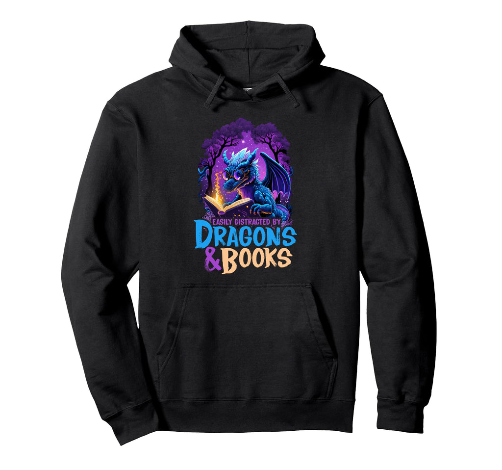 Easily Distracted Dragon And Books Book Hoodie - Unique Graphic for Adults - T-Shirt, Sweatshirt, Hoodie