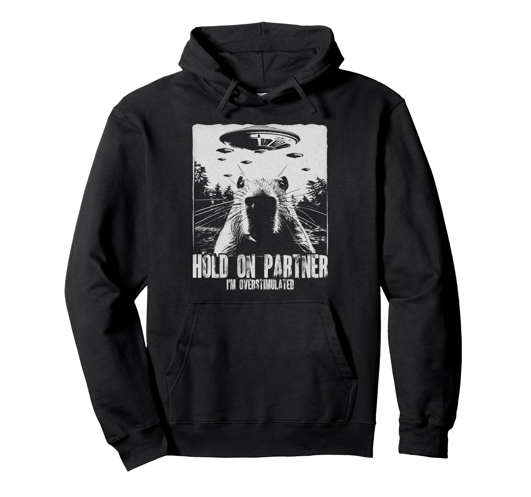 Hold Partner Im Overstimulated Capybara Hoodie - Unique Graphic Men Women - T-Shirt, Sweatshirt, Hoodie