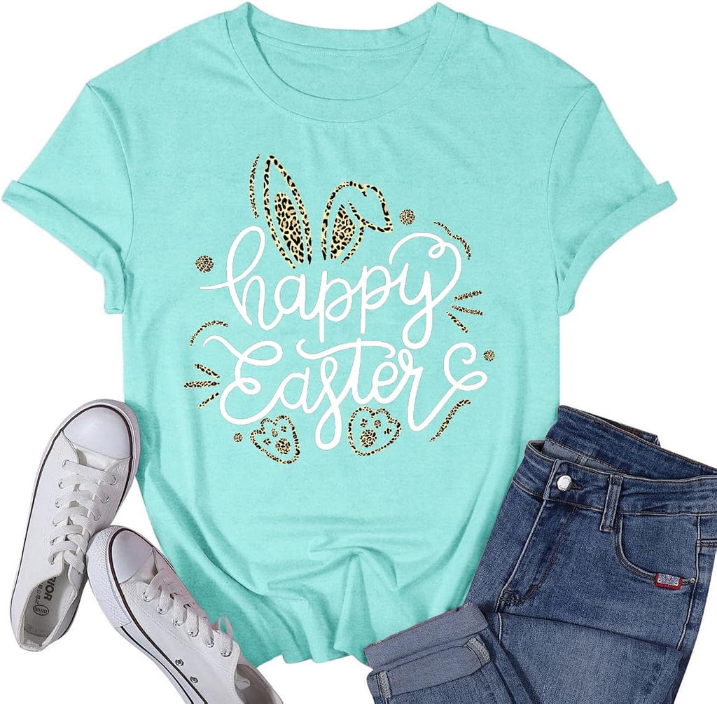 Women's Happy Easter Shirt Leopard Easter Bunny T-Shirt Rabbit Christian Jesus Tee Tops Unisex T-shirt, Sweatshirt, Hoodie, Long Sleeve Tee - T-Shirt, Sweatshirt, Hoodie