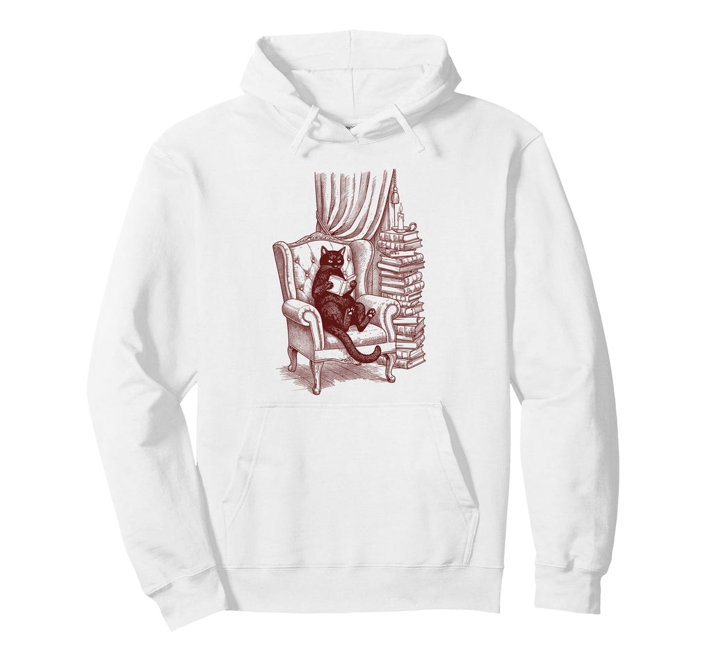 Cozy Armchair Black Cat Book Lover Hoodie - Trendy Graphic for Adults - T-Shirt, Sweatshirt, Hoodie