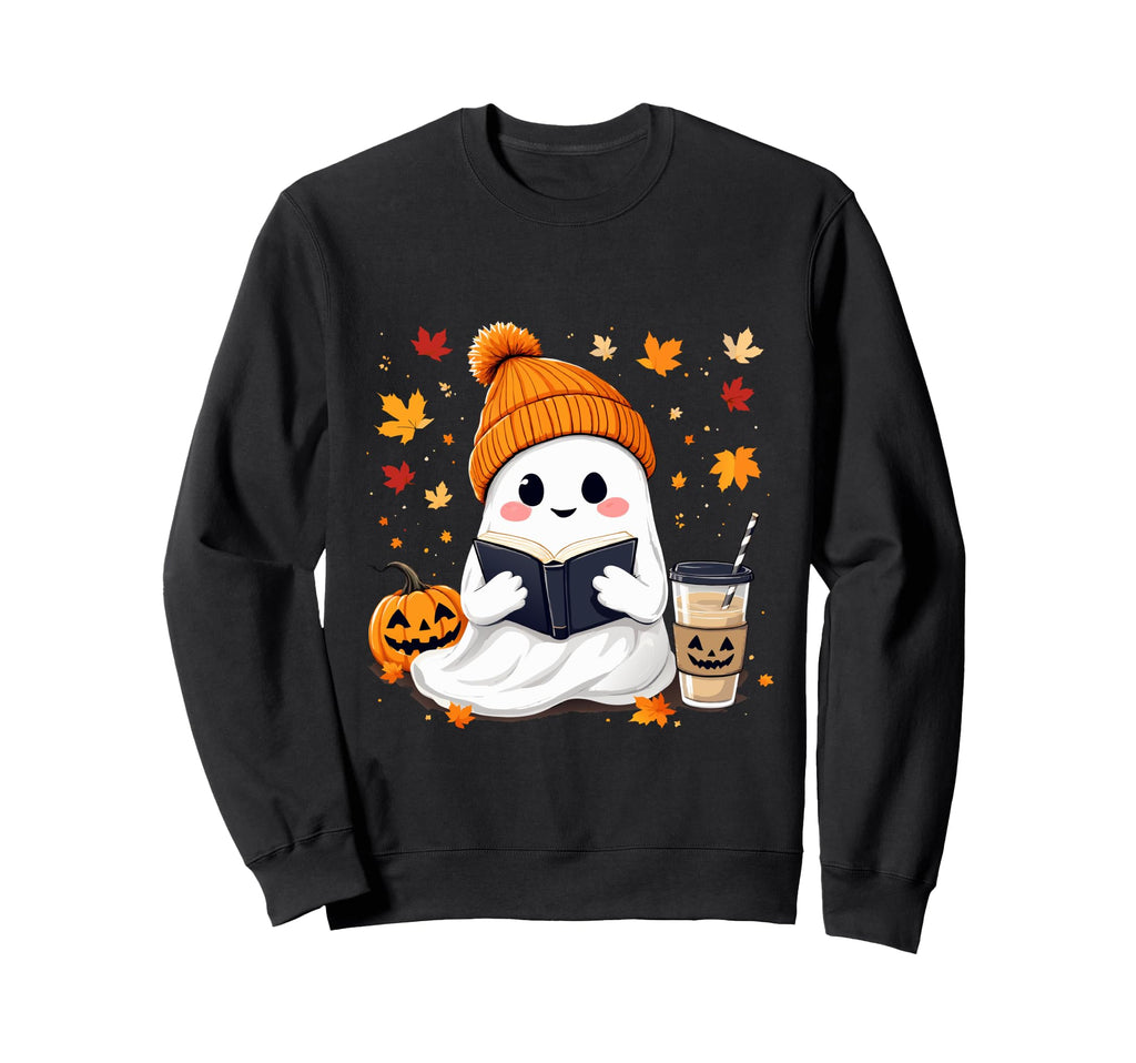 Ghost Reading Book Fall Leaves Sweatshirt - Trendy Graphic Men Women - T-Shirt, Sweatshirt, Hoodie