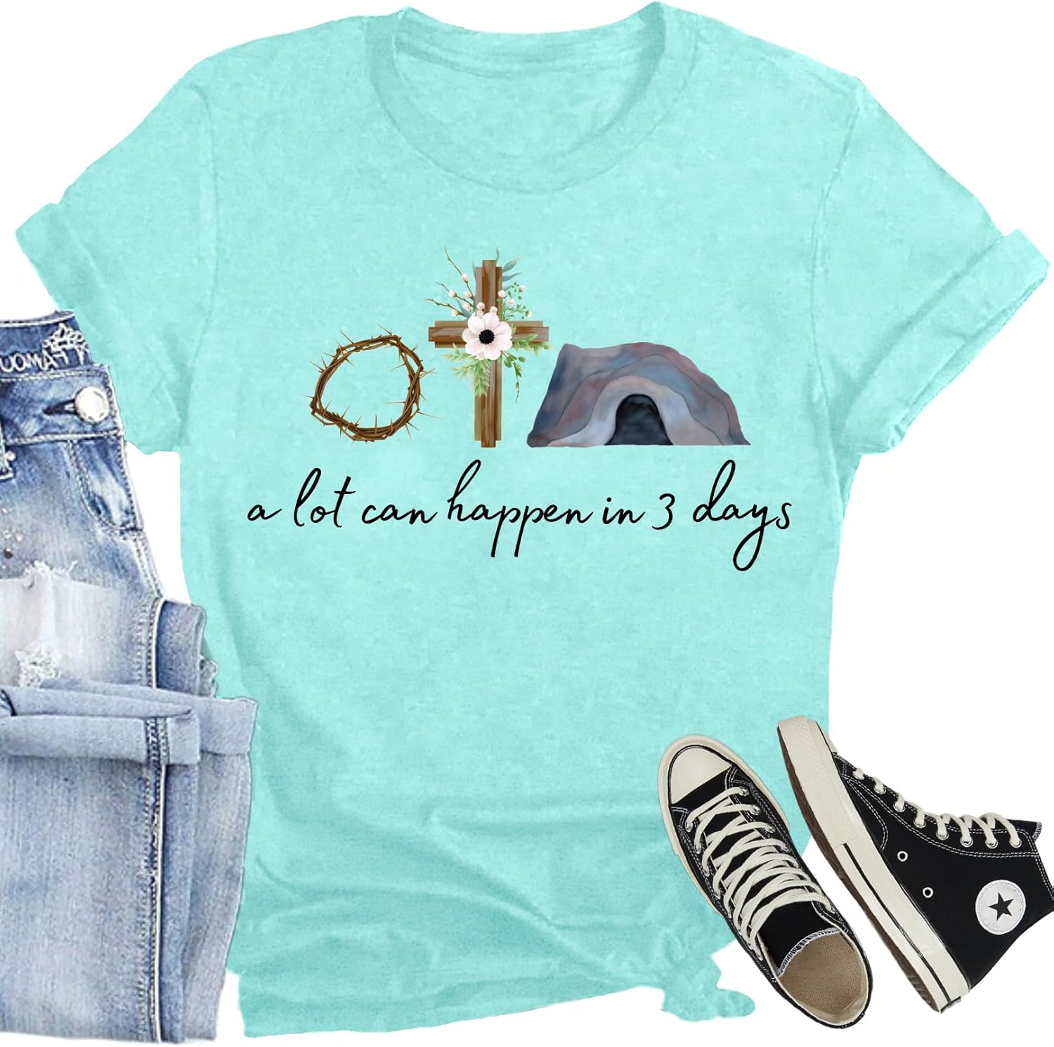Christian Easter Shirts for Women A Lot Can Happen in 3 Days T-Shirt He is Risen Jesus Tee Tops - T-Shirt, Sweatshirt, Hoodie