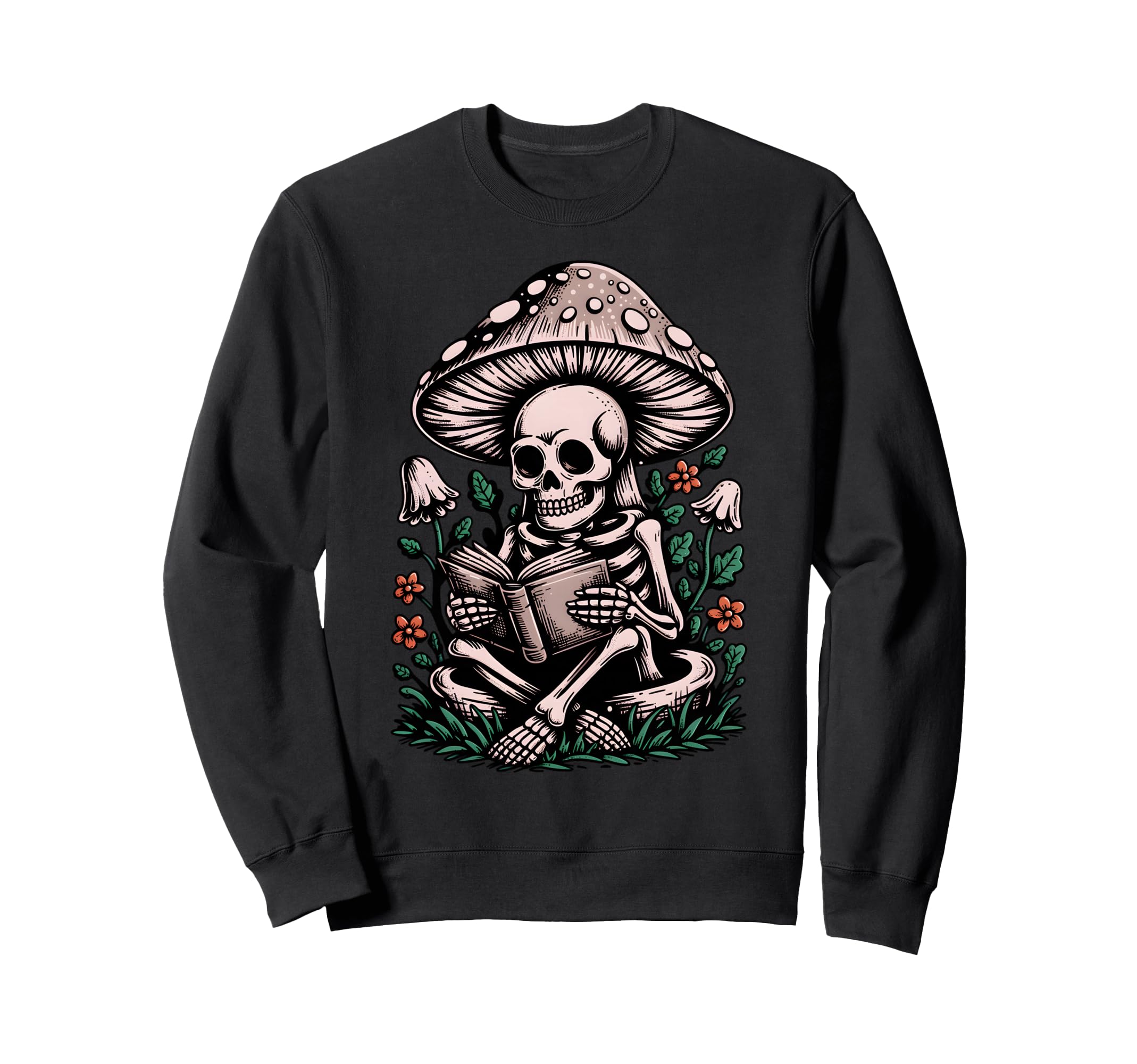 Floral Mushroom Skeleton Reading Sweatshirt - Fun Novelty Design Men Women - T-Shirt, Sweatshirt, Hoodie
