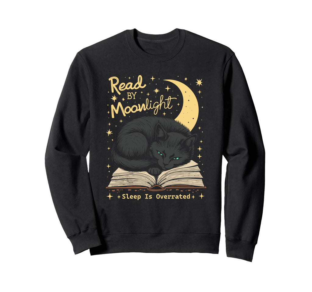 Book Lover Cat Reading Under Moon Sweatshirt - Casual Everyday Wear Unisex - T-Shirt, Sweatshirt, Hoodie
