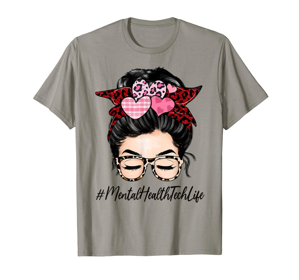 Mental Health Tech Valentines Day Messy Bun T-Shirt - Trendy Graphic Unisex - T-Shirt, Sweatshirt, Hoodie