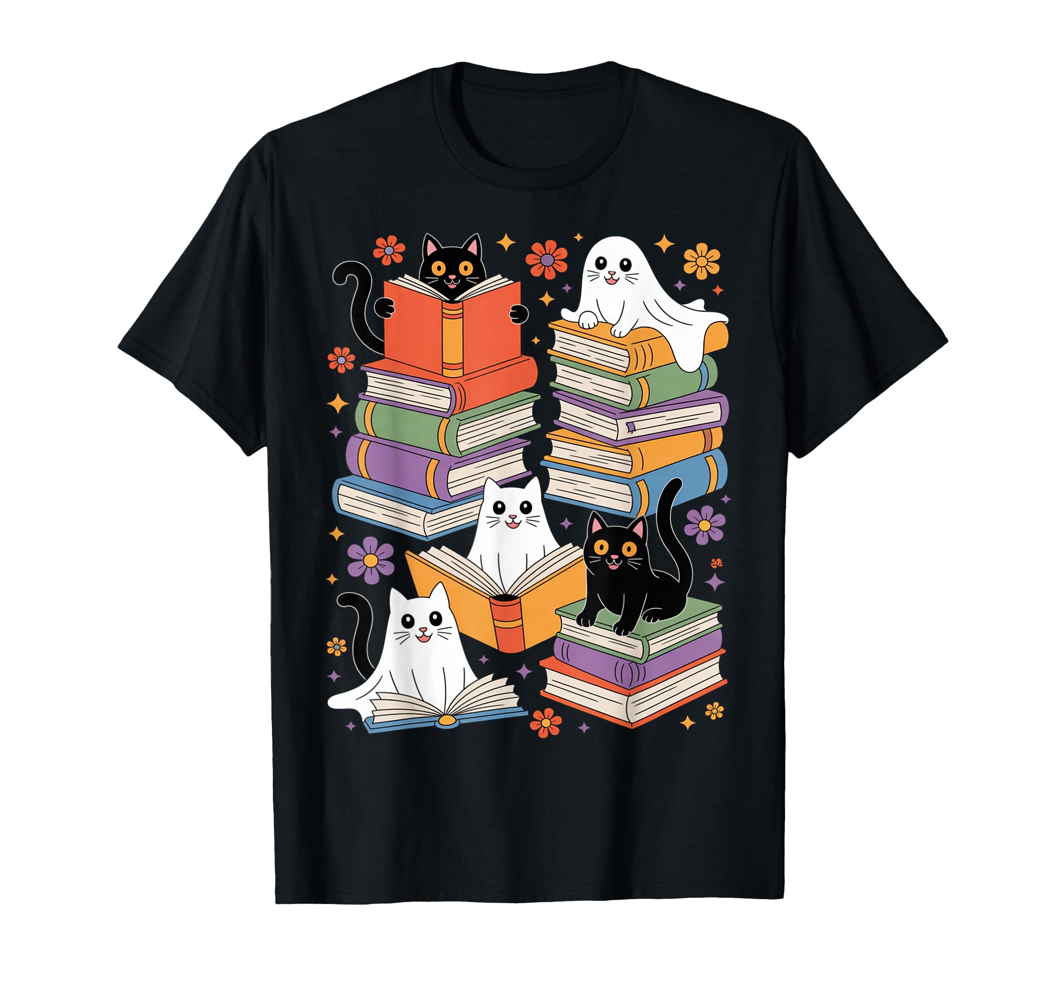Ghost Cat Reading Books Lover Bookish T-Shirt - Graphic Print for Adults - T-Shirt, Sweatshirt, Hoodie