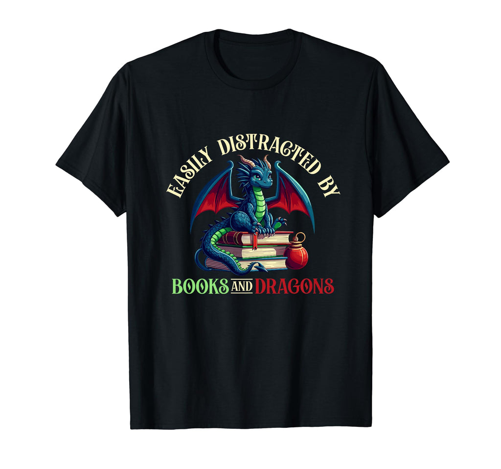 Easily Distracted Dragon And Books Nerds T-Shirt - Minimalist Print Unisex - T-Shirt, Sweatshirt, Hoodie