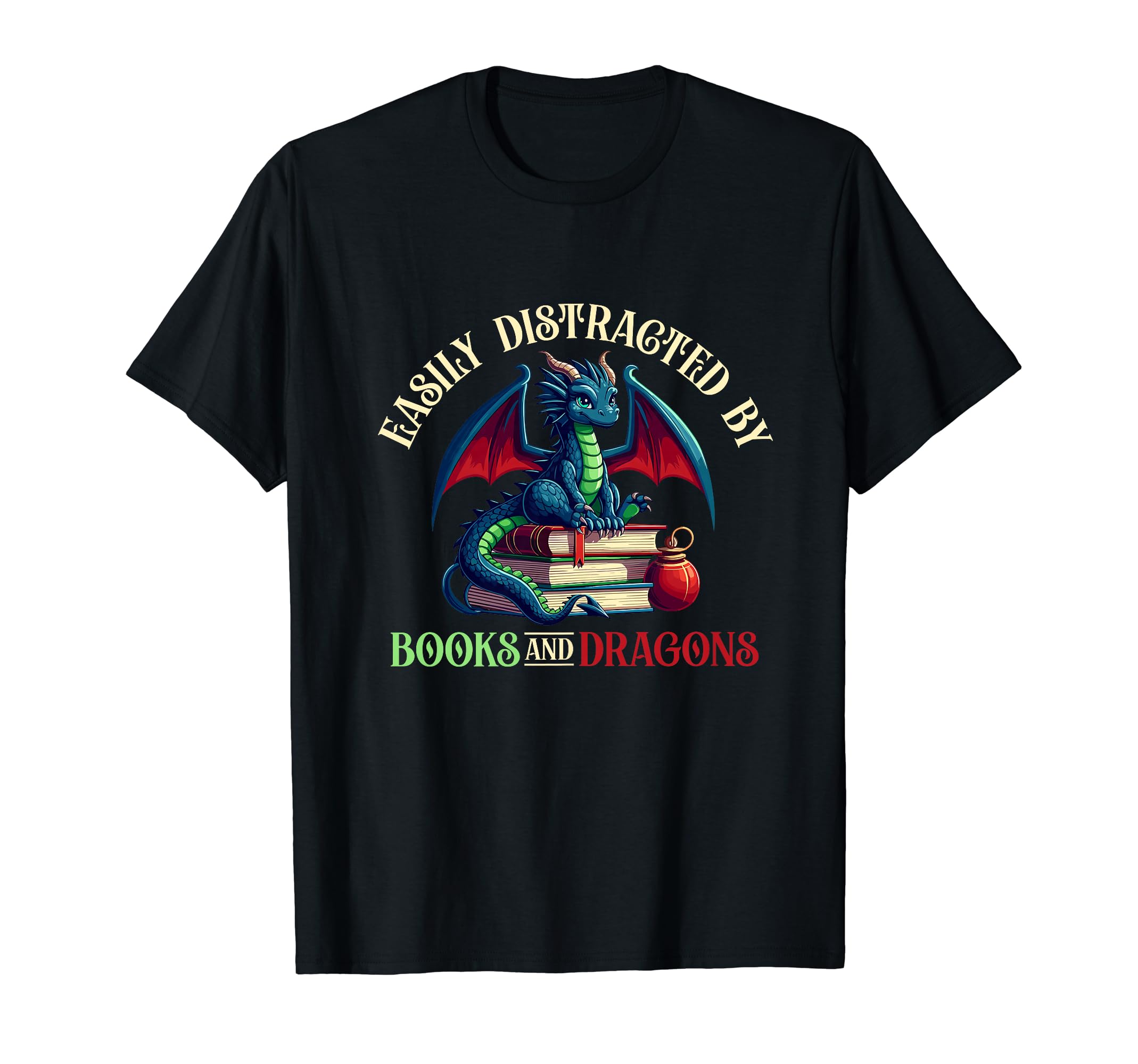 Easily Distracted Dragon And Books Nerds T-Shirt - Minimalist Print Unisex - T-Shirt, Sweatshirt, Hoodie