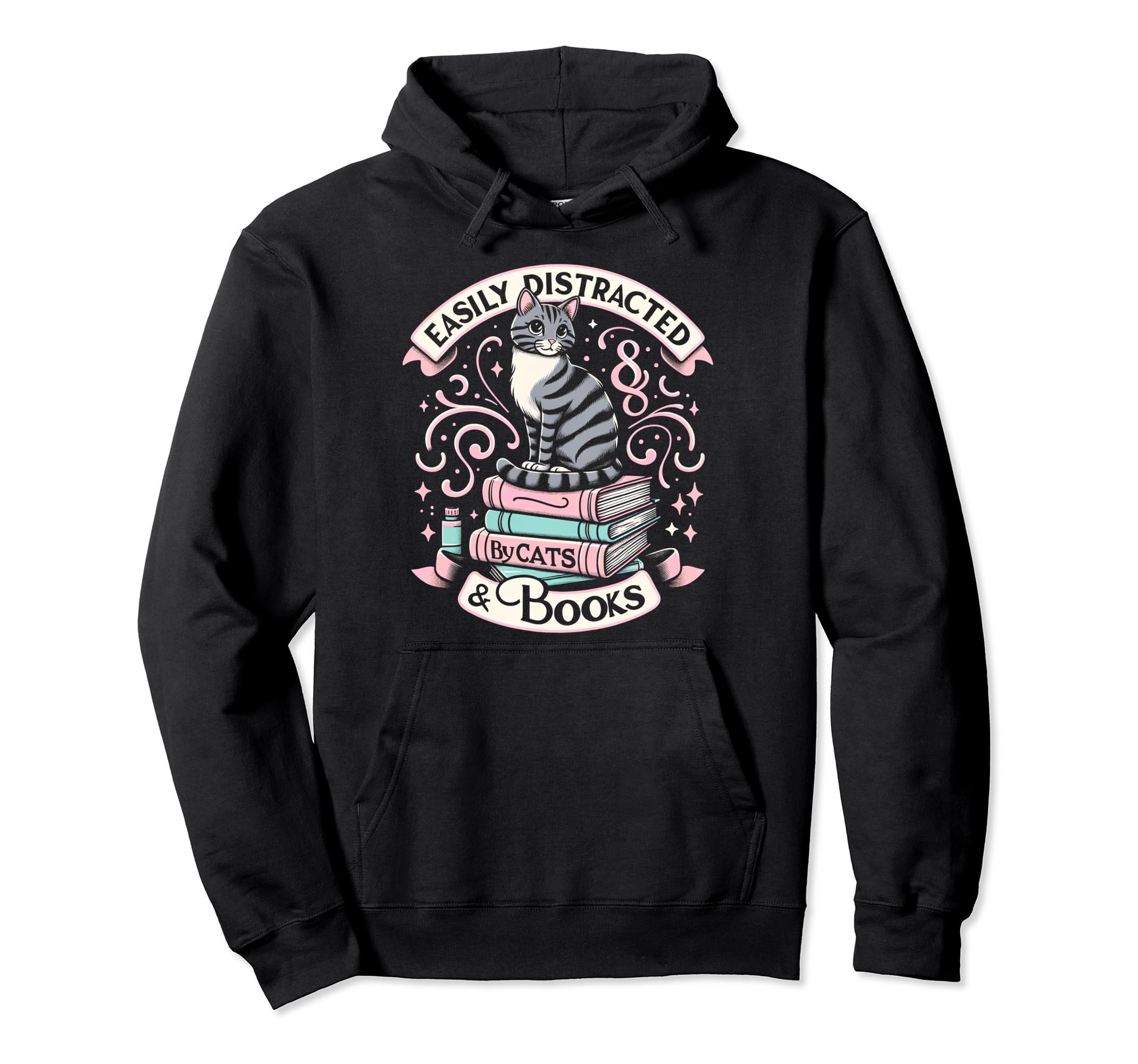 Easily Distracted Cats And Books Bookworm Hoodie - Graphic Print Men Women - T-Shirt, Sweatshirt, Hoodie
