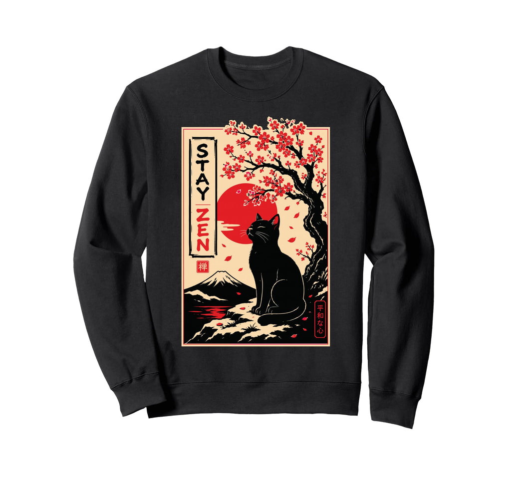 Black Zen Cat Sakura Japanese Sweatshirt - Casual Everyday Wear Unisex - T-Shirt, Sweatshirt, Hoodie