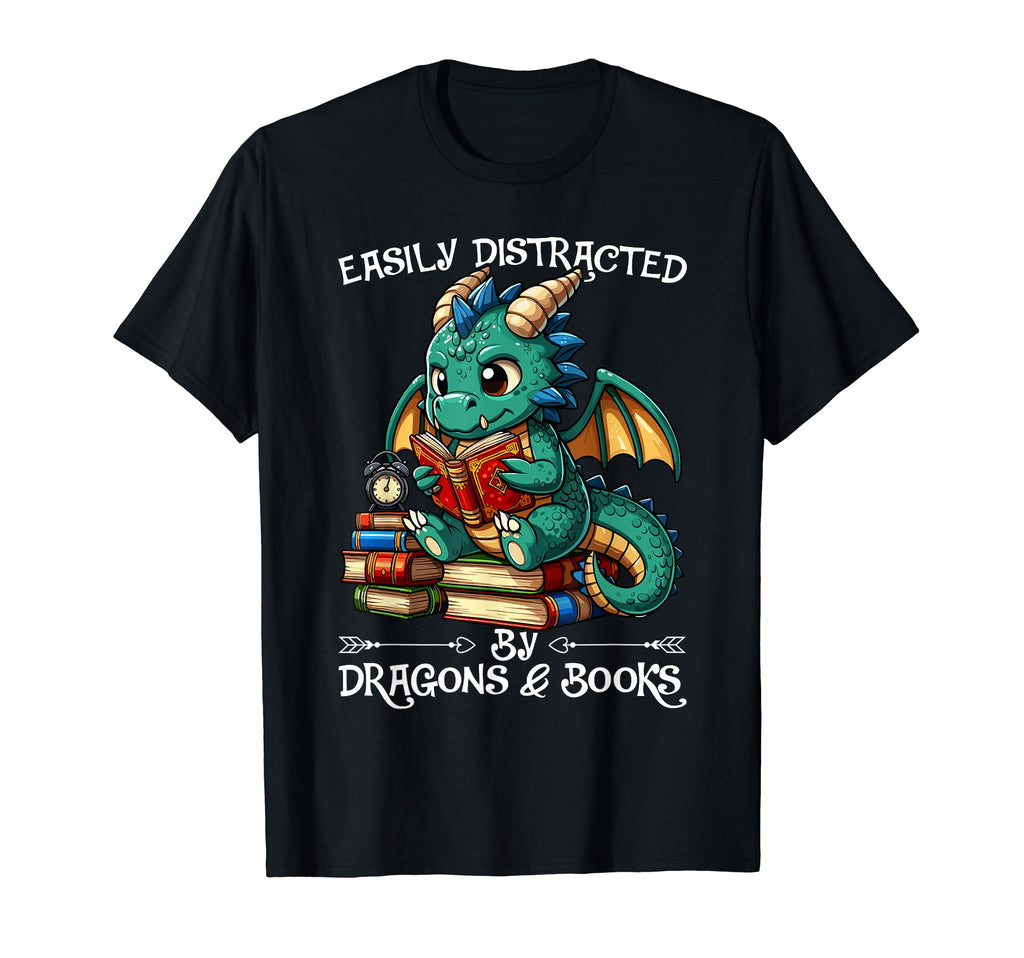 Easily Distracted Dragon And Books Nerds T-Shirt - Custom Art Print Unisex - T-Shirt, Sweatshirt, Hoodie