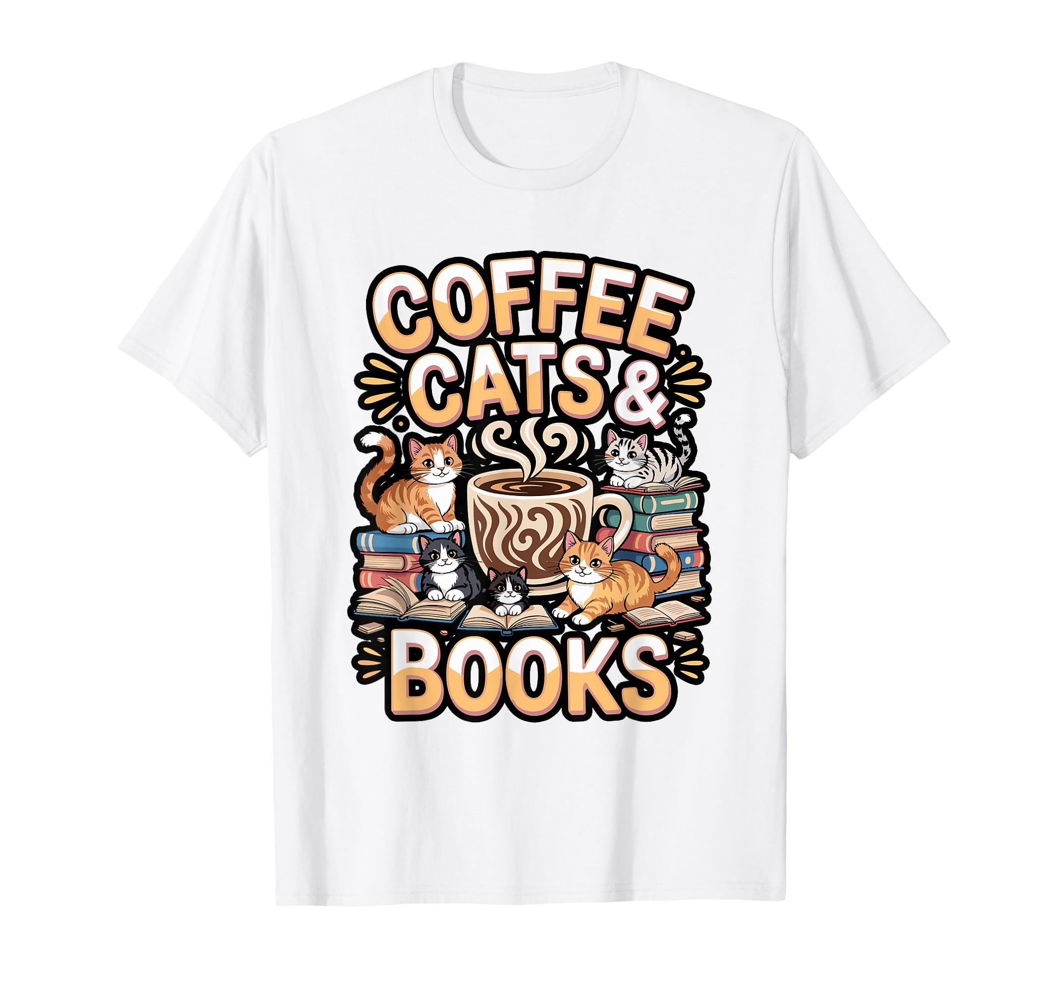 Cat Sleeping Coffee And Book Stack T-Shirt - Casual Everyday Wear Unisex - T-Shirt, Sweatshirt, Hoodie