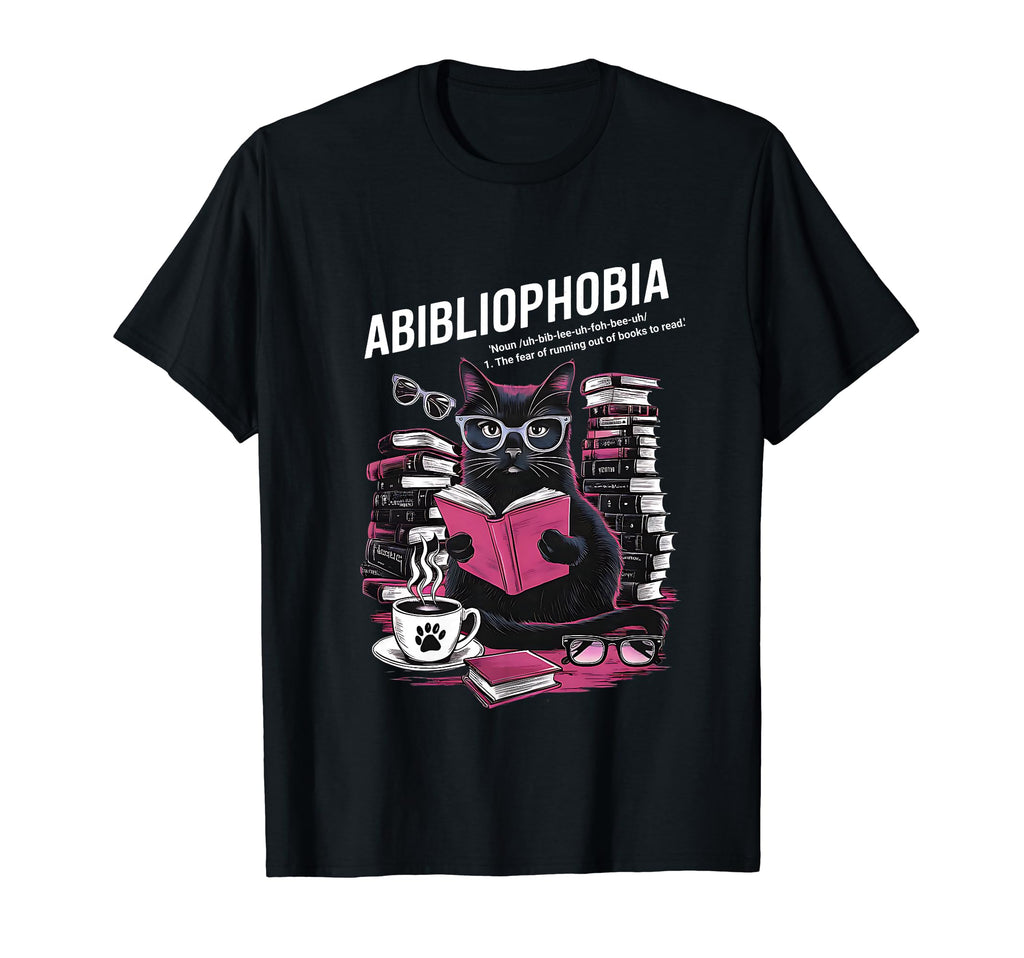 Abibliophobia Cat Book And Coffee T-Shirt - Custom Art Print Unisex - T-Shirt, Sweatshirt, Hoodie