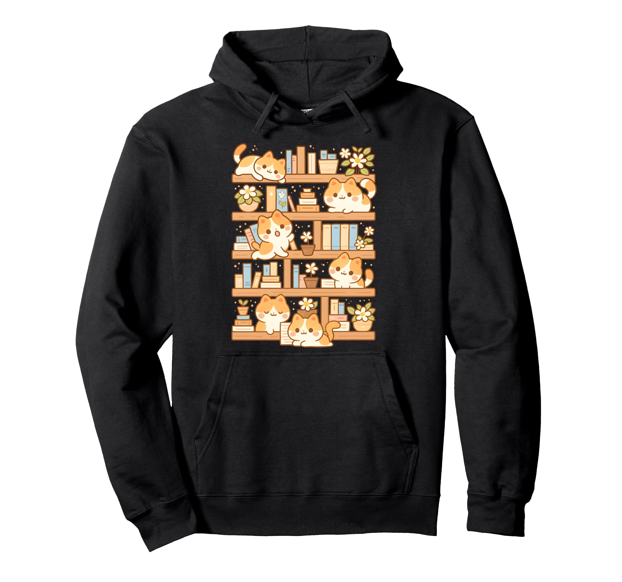Kawaii Bookshelf Cat Readers Hoodie - Casual Everyday Wear Unisex - T-Shirt, Sweatshirt, Hoodie