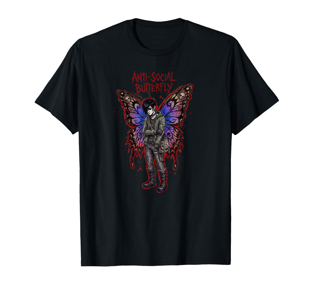 Anti Social Butterfly Emo Goth Male T-Shirt - Graphic Print Unisex - T-Shirt, Sweatshirt, Hoodie