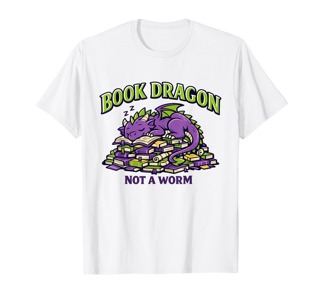 Reading Dragon Sleeping Books Fantasy T-Shirt - Graphic Print Unisex - T-Shirt, Sweatshirt, Hoodie